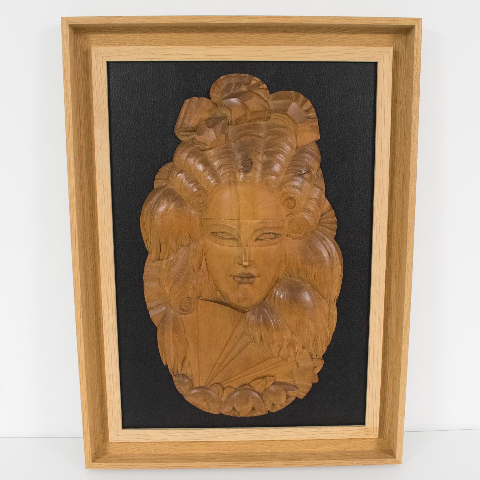 Art Deco Venetian Mask Handcarved Wood Panel Wall Sculpture For Sale 8