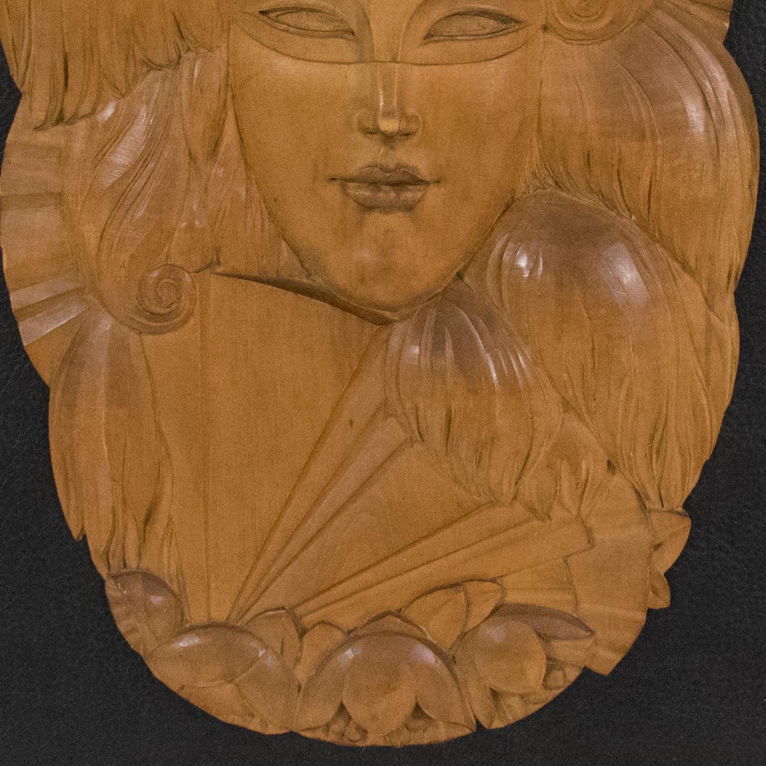 Art Deco Venetian Mask Handcarved Wood Panel Wall Sculpture For Sale 11