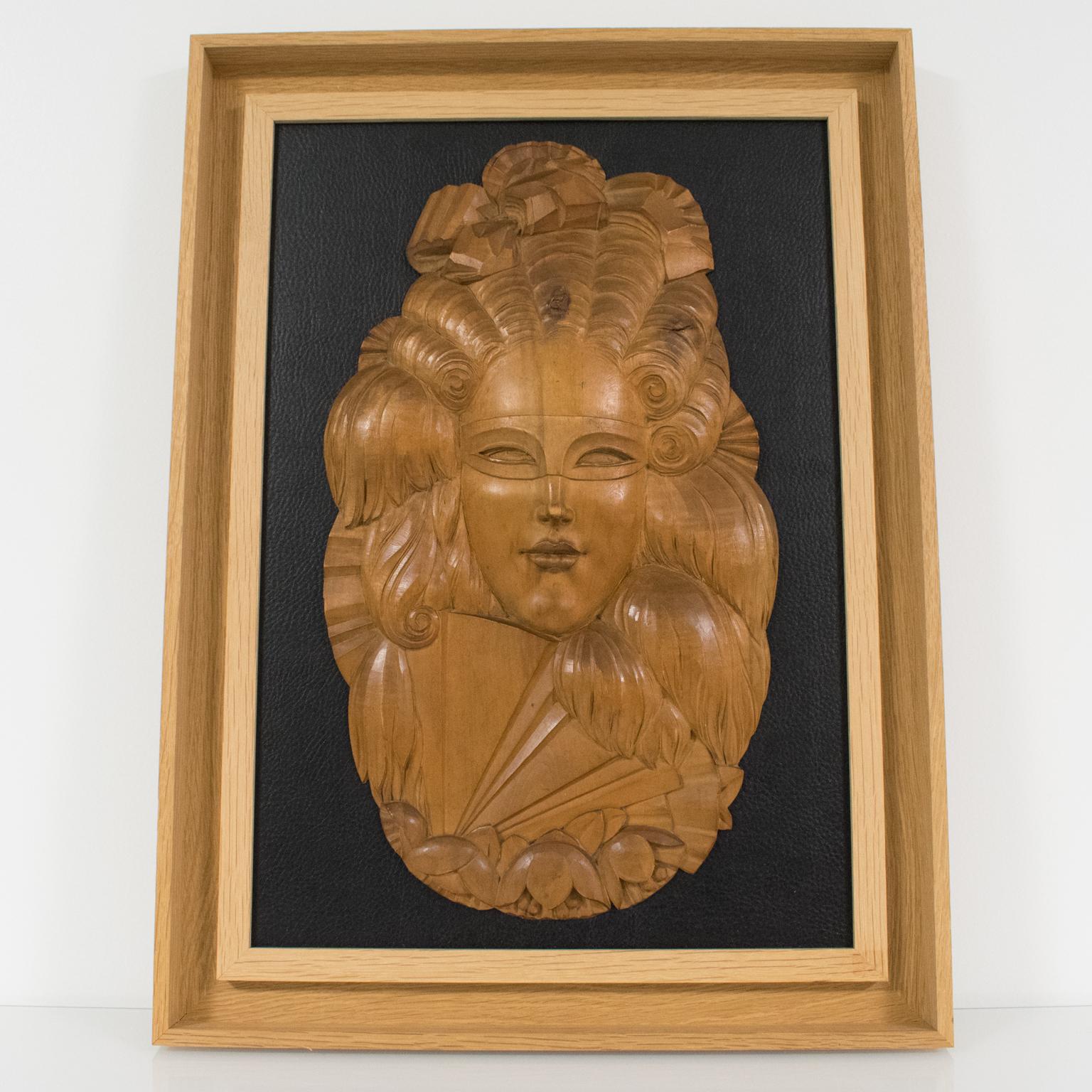 Art Deco Venetian Mask Handcarved Wood Panel Wall Sculpture For Sale 12