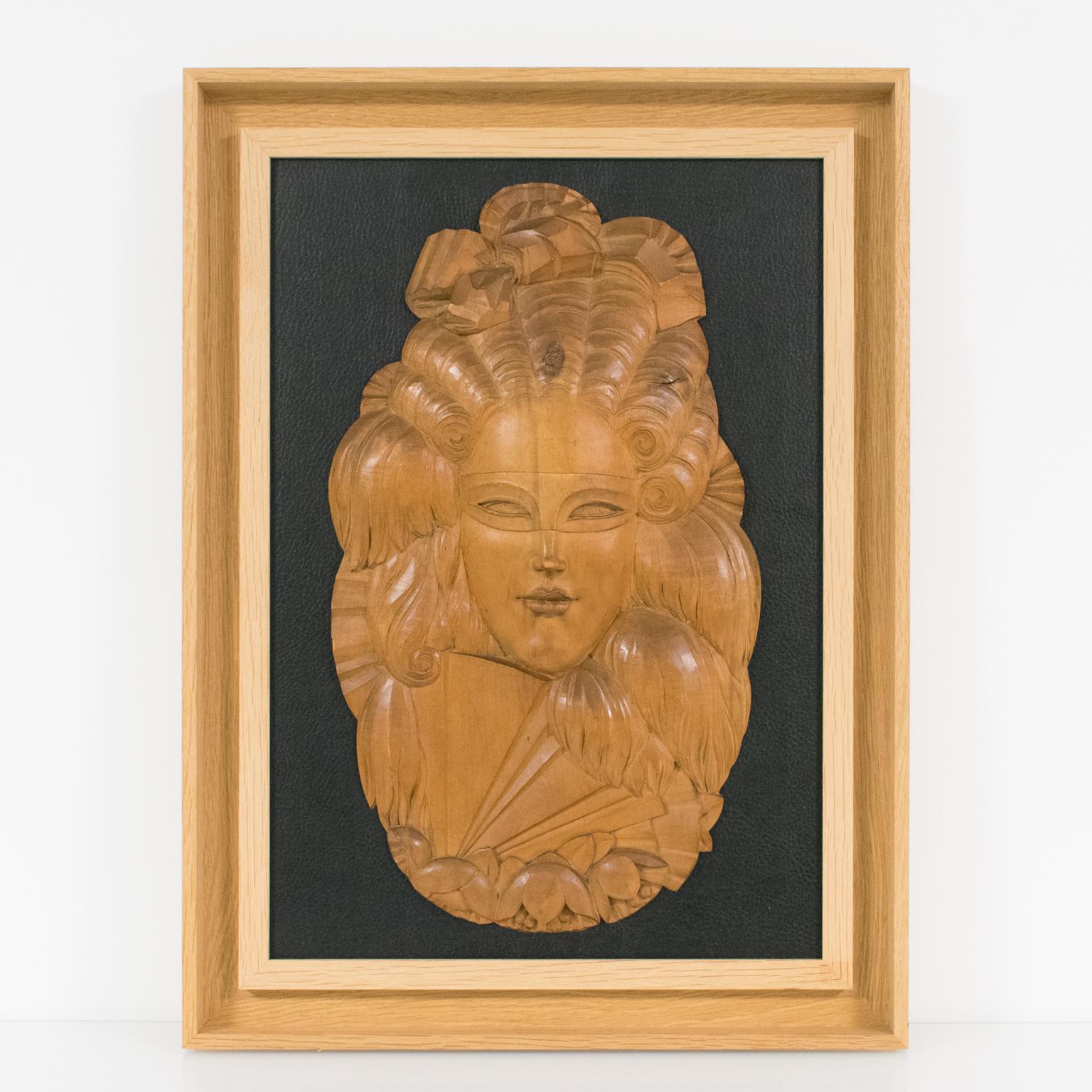 Art Deco Venetian Mask Handcarved Wood Panel Wall Sculpture For Sale 3