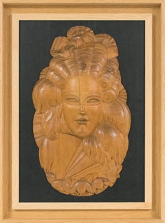 Art Deco Venetian Mask Handcarved Wood Panel Wall Sculpture