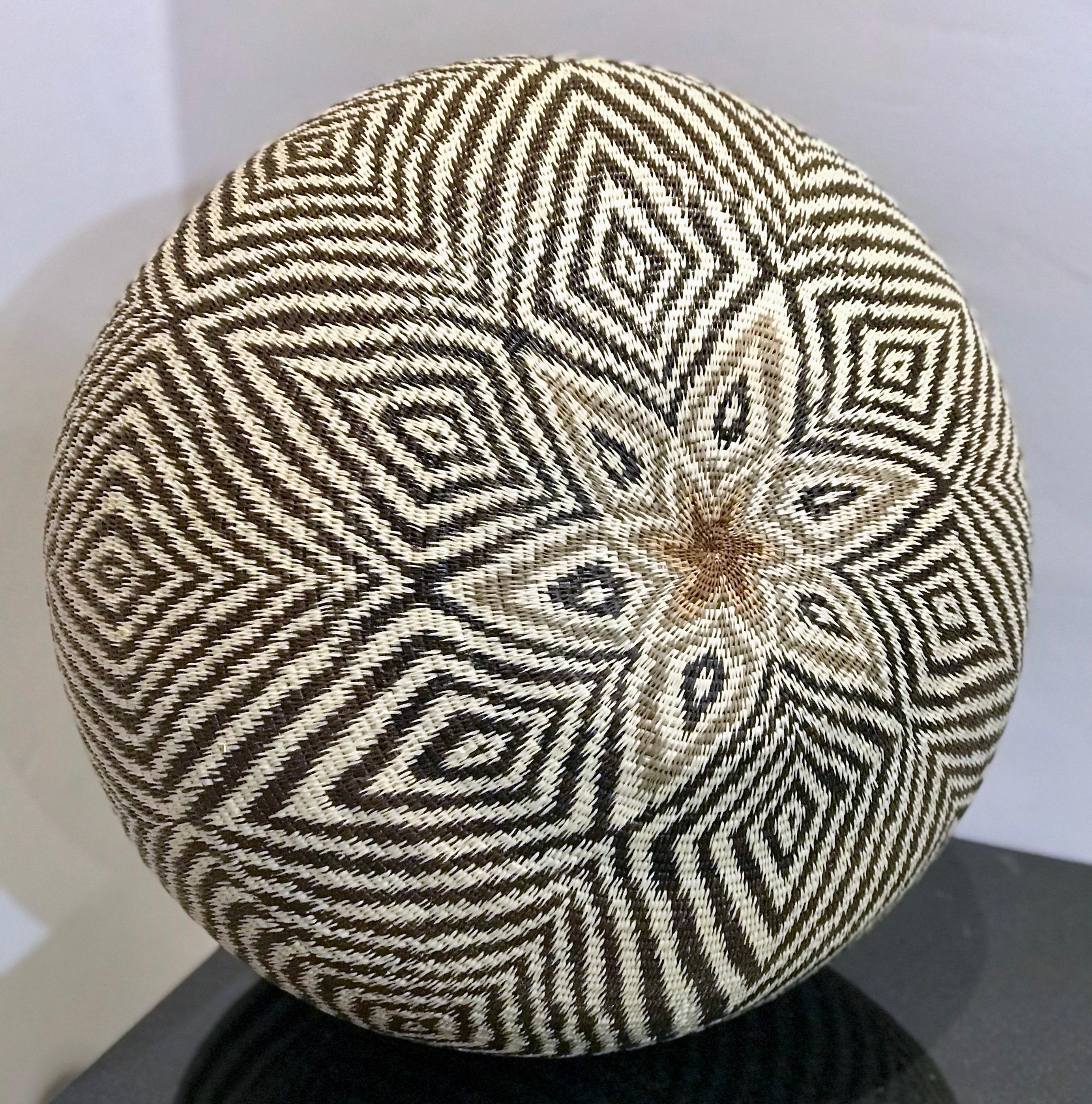 Basket, black, white handwoven Panama Rainforest Wounaan Tribe geometric star - Tribal Mixed Media Art by Unknown