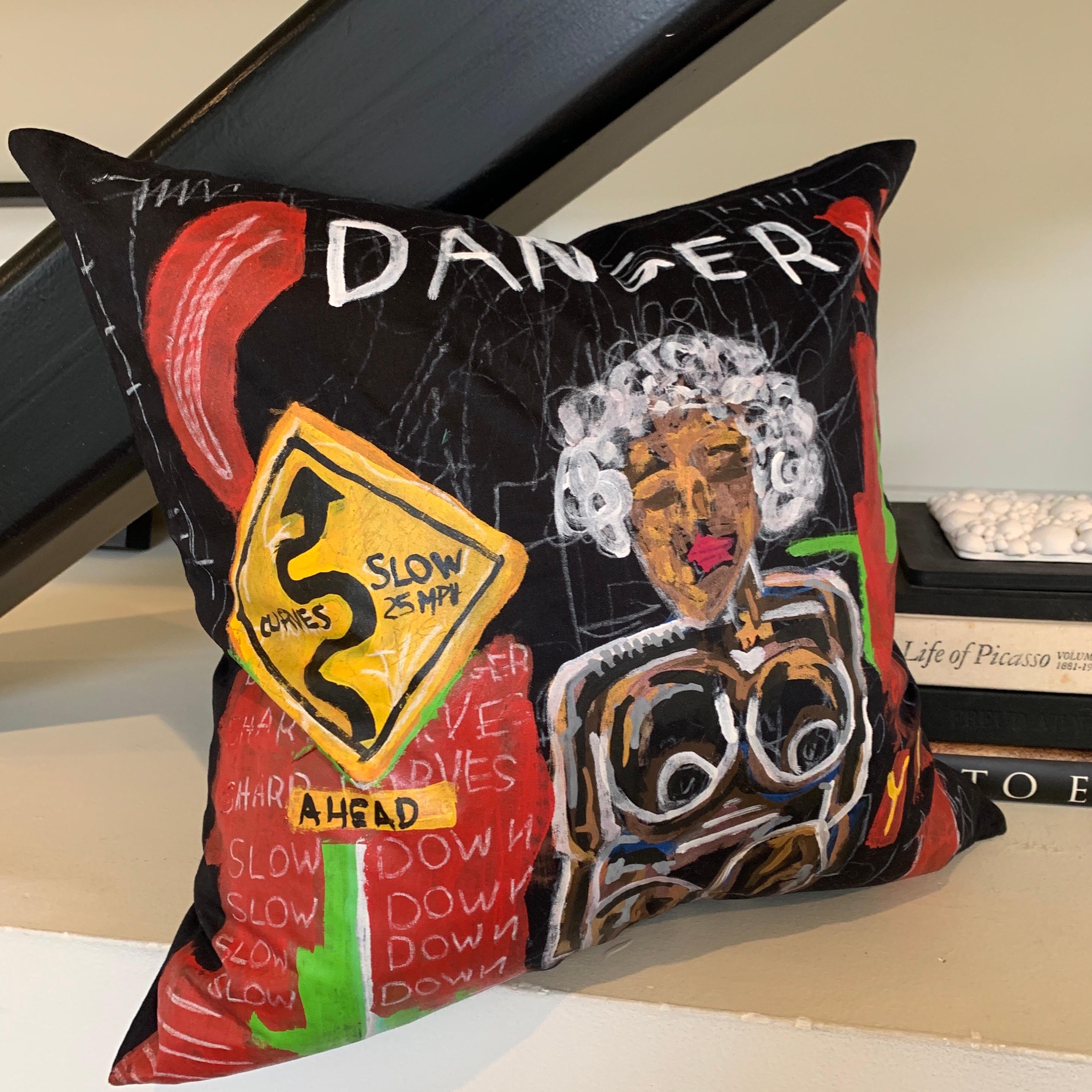 Basquiat Inspired Handpainted Pillow Art - Pop Art Mixed Media Art by Unknown