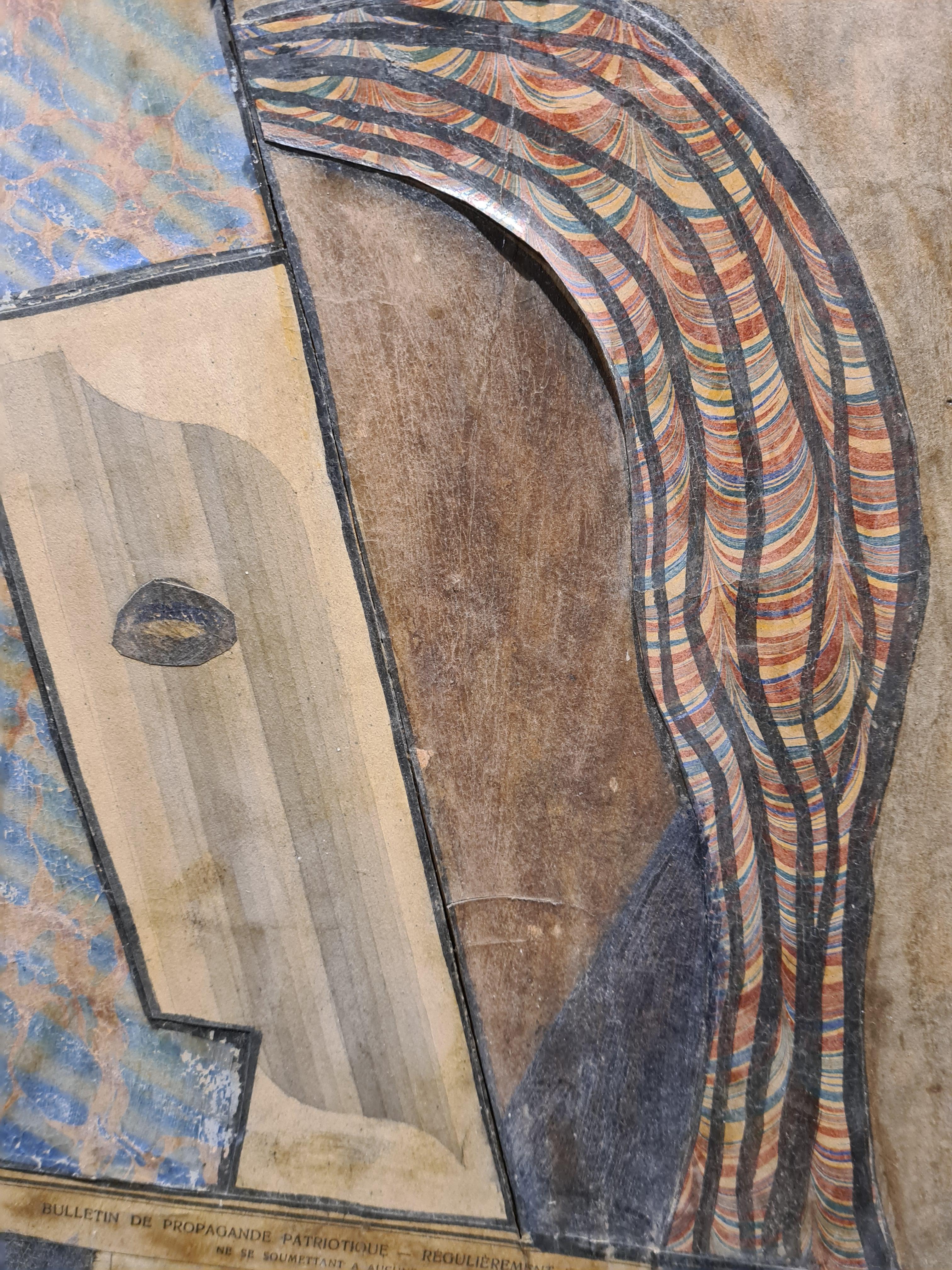 An early 20th century Cubist Belgian Avant-Garde collage in the style of Kurt Schwitters. This work is also highly reminiscent of the early works of Georges Braque and Pablo Picasso, such as 'Counter with Fruits, Violin and Glass'. 

The work is