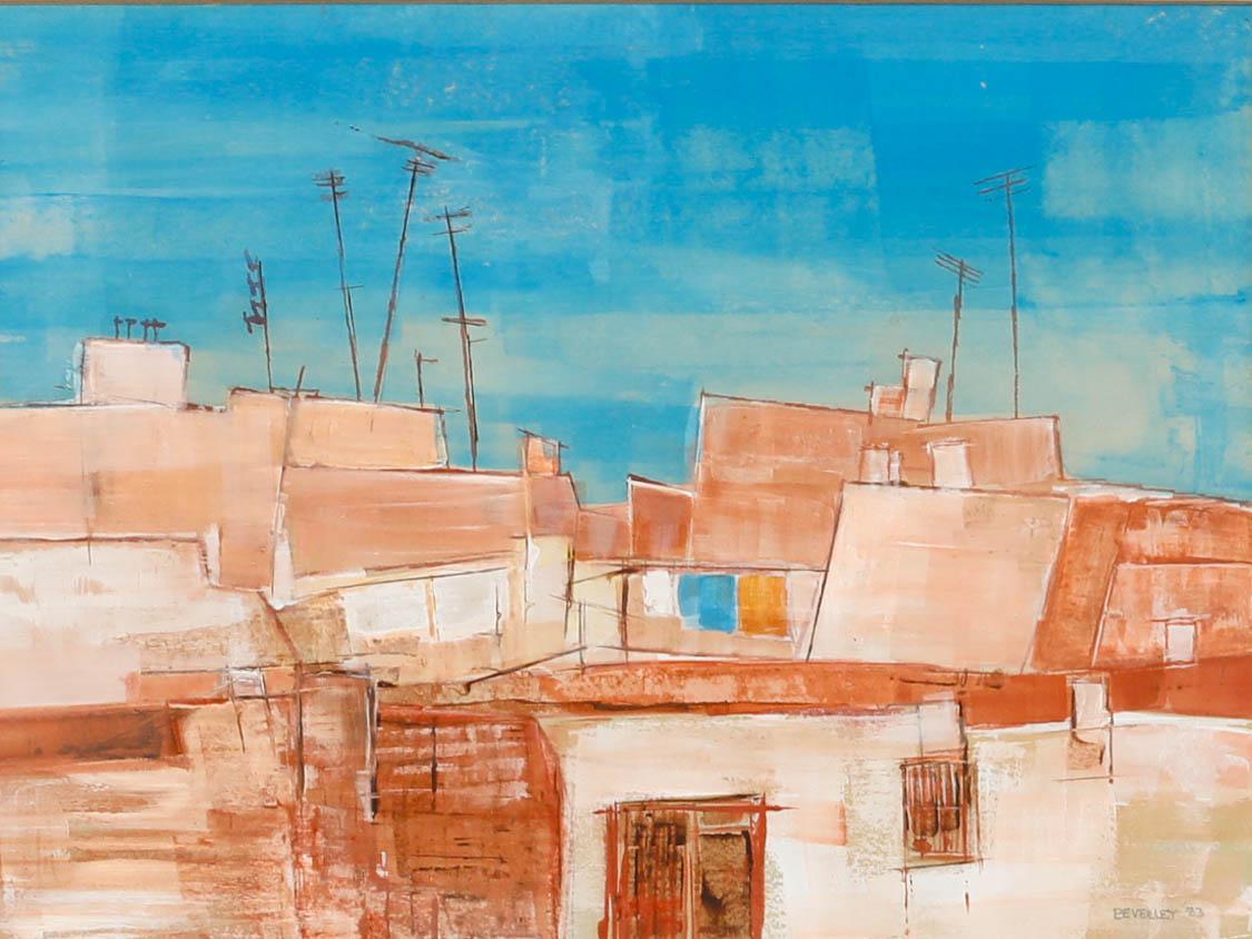 An expressive study of suburban rooftops captured in watercolour, gouache and ink. Signed and dated. Presented in a part-gilt frame. On paper. 