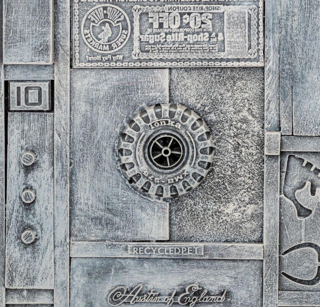 Bill Clark (American, XX-XXI), Found Object Assemblage on Board, 2000, overall painted grey with license plate, hood ornament, electronics, and other objects, inscribed 