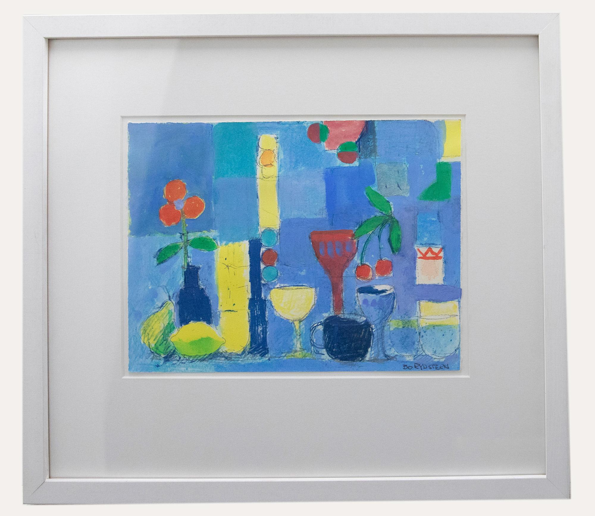 Bo Rydstern - Framed Contemporary Mixed Media, Still Life with Fruit & Vessels - Mixed Media Art by Unknown