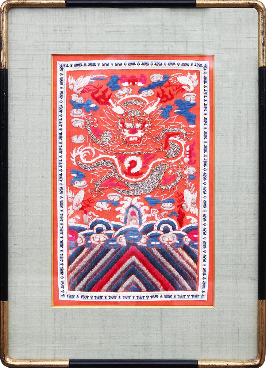 Bright Orange East Asian Abstract Embroidery of the Chinese Imperial Dragon - Mixed Media Art by Unknown