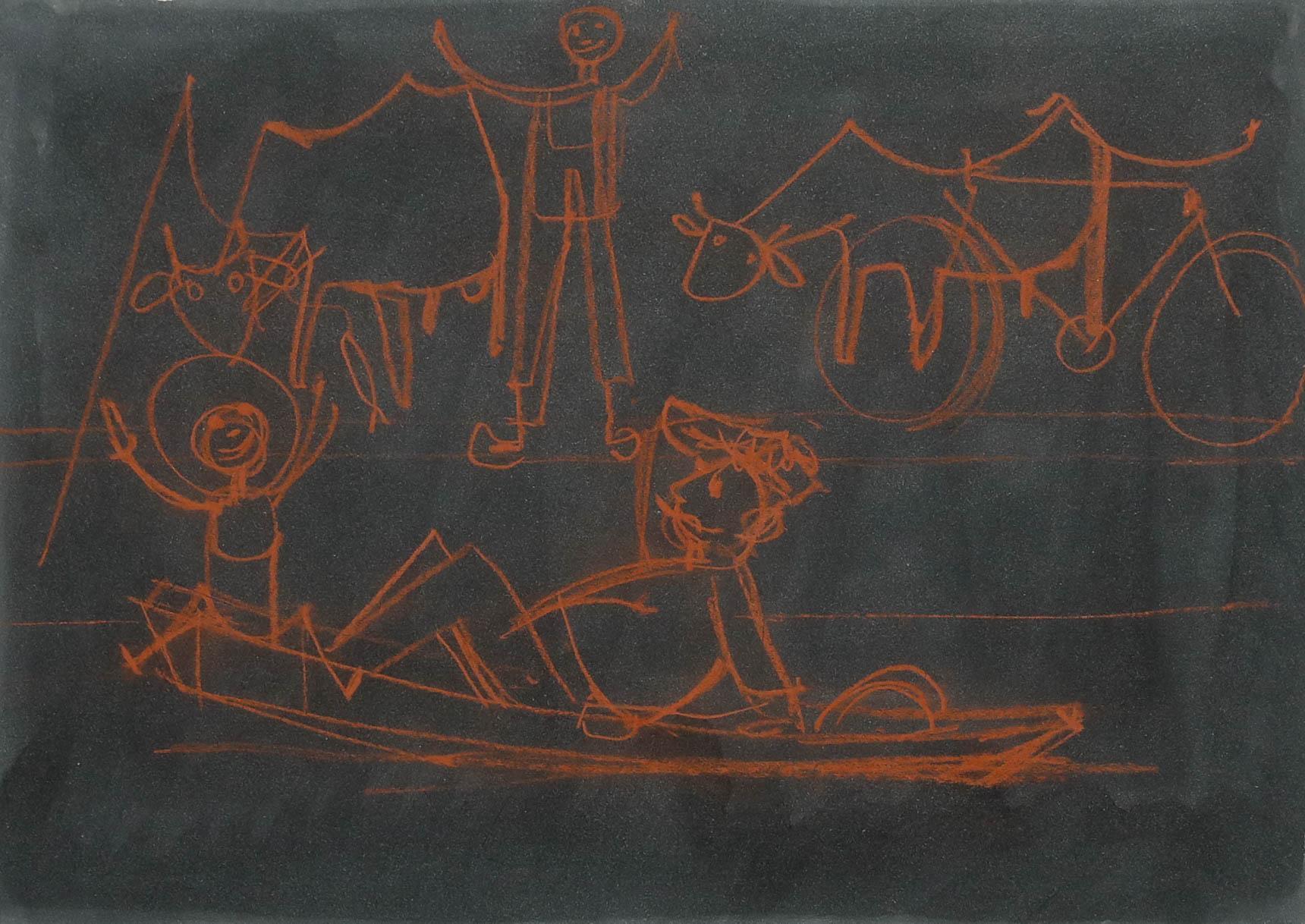 Une œuvre ludique de l'artiste Christian Julia (1921-1991) représentant des personnages faisant une promenade en bateau, sous le regard d'un gentleman et de ses vaches. Rendu à l'encre et au crayon. Signé en bas à droite. Bien présenté dans un cadre