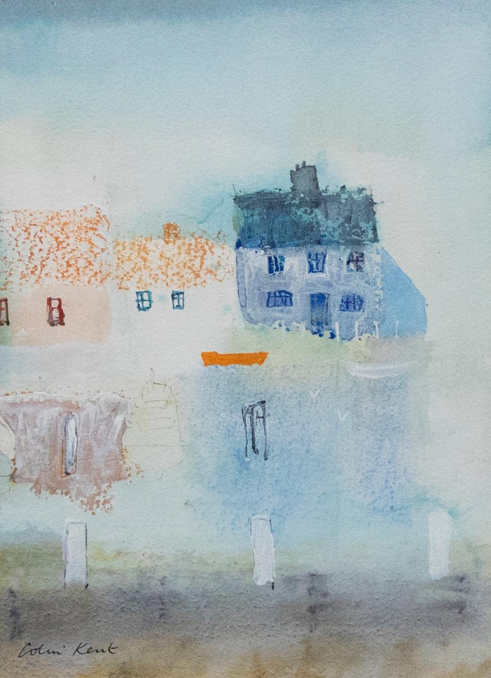 Subtle washes of ink and gouache have been used in conjunction with watercolour to create this atmospheric view of harbourside cottages. On first glance the composition sparks an initial sense of simplicity, but on closer inspection Kent's distinct