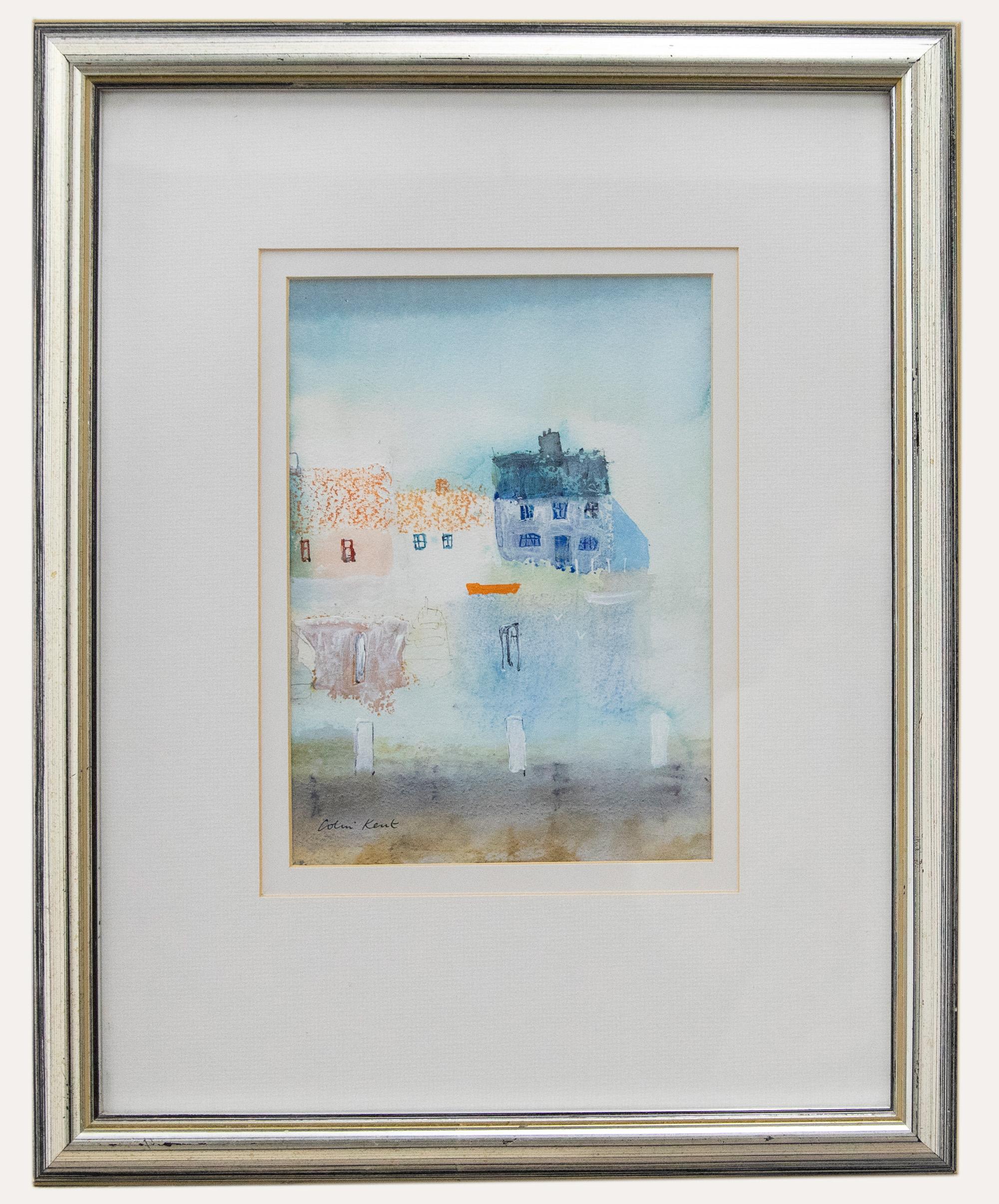 Colin Kent RI (né en 1934) - Technique mixte contemporaine encadrée, Harbourside Cottages (Chalets au bord de l'eau) - Mixed Media Art de Unknown