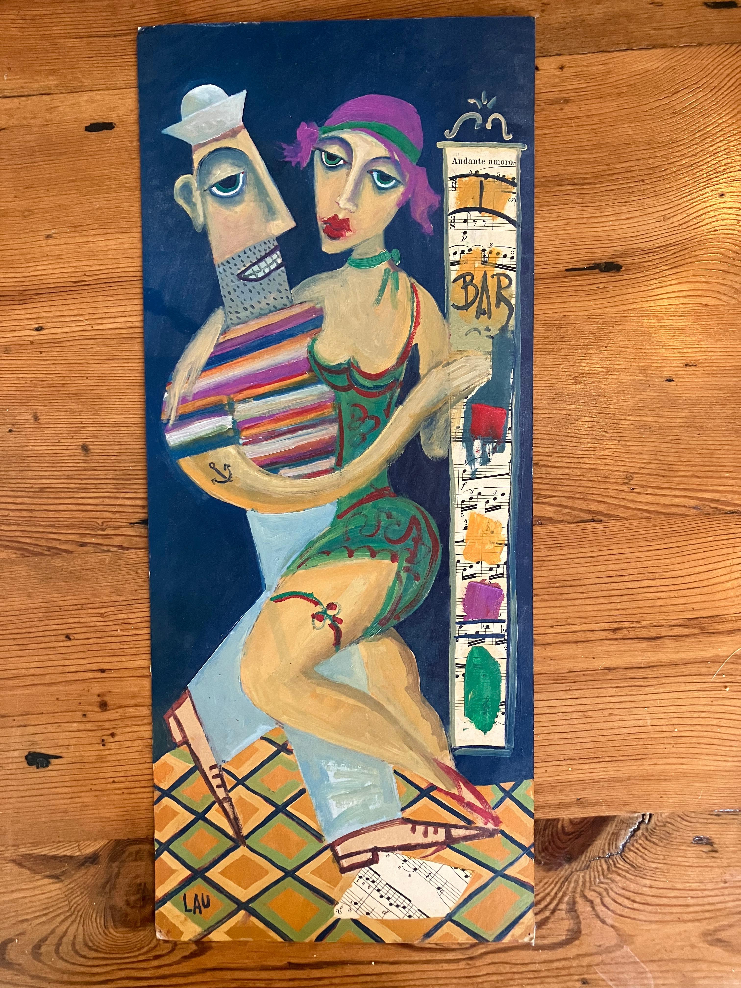 Fabulously fun, mixed media painting, probably done during the WPA period. Mostly oil with a little bit of collage of the music notes. It is painted on cardboard or very thick paper.. Signed LAU. Measures 18 1/2 inches high by 8 inches wide. great