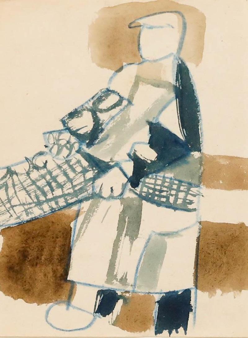 A unique work using watercolour and pastel by Ed Dukkers depicting an abstract figure. Float mounted in a pale wooden frame. Unsigned. On paper.