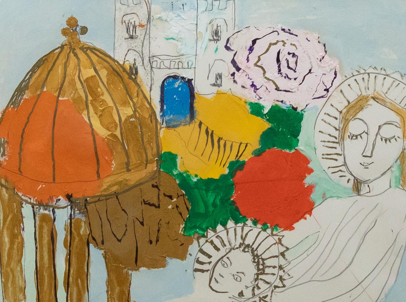 Un'interpretazione divertente ed eclettica della natività, con Maria e Cristo bambino immortalati in tecnica mista con l'architettura classica. Etichetta dell'artista sul retro con nome e titolo dell'artista. Presentato in una cornice dorata. Sulla