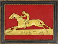 English Brass Jockey w/ Racehorse Relief Mounted/ Framed w/ Red Felt