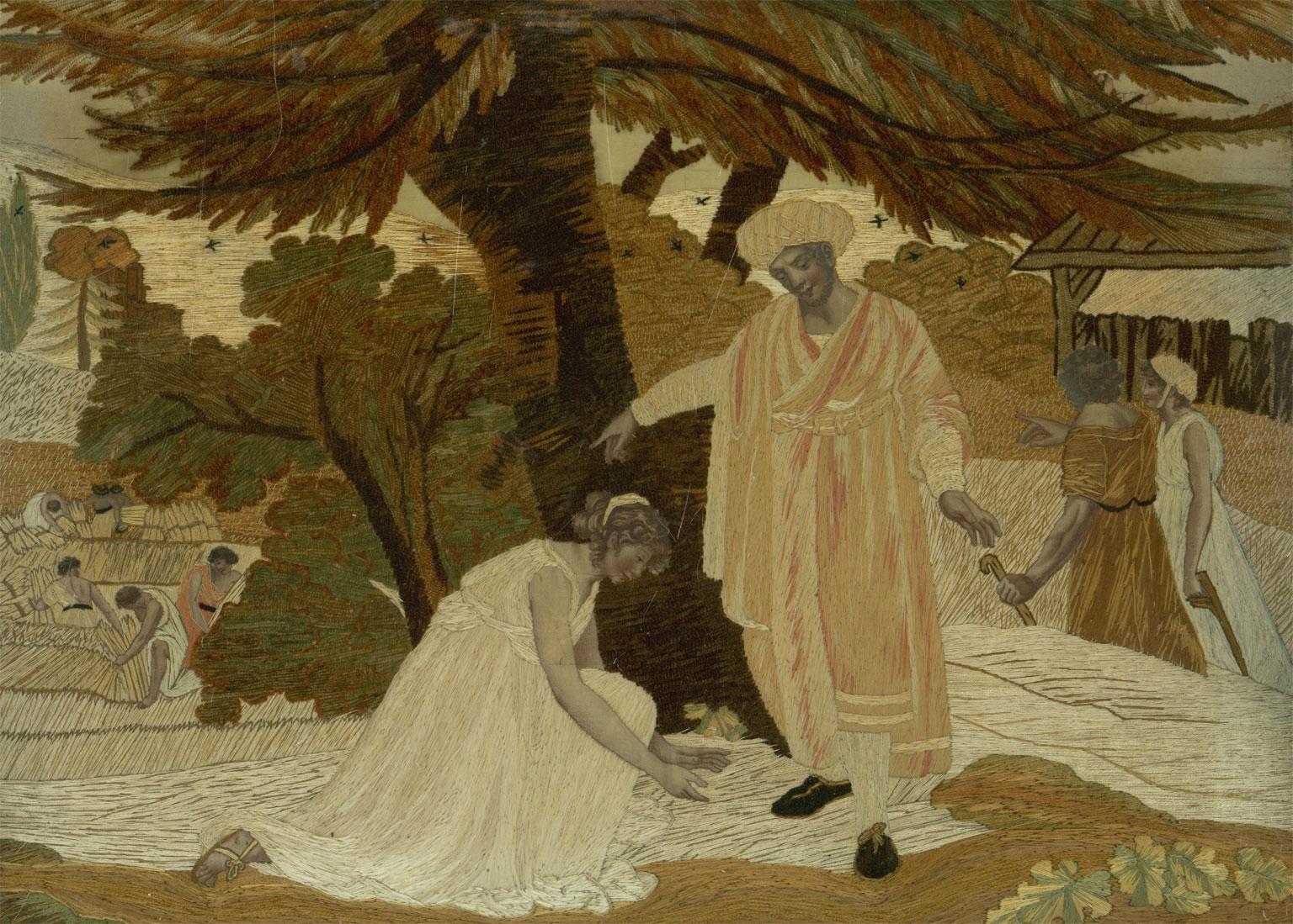 An exceptional early 19th century silkwork picture of an classical scene, possibly religious, depicting a robed man and a kneeling robed woman with figures harvesting corn in the background. The artwork is unsigned.

Image Size: 35 x 47.2cm (13.8