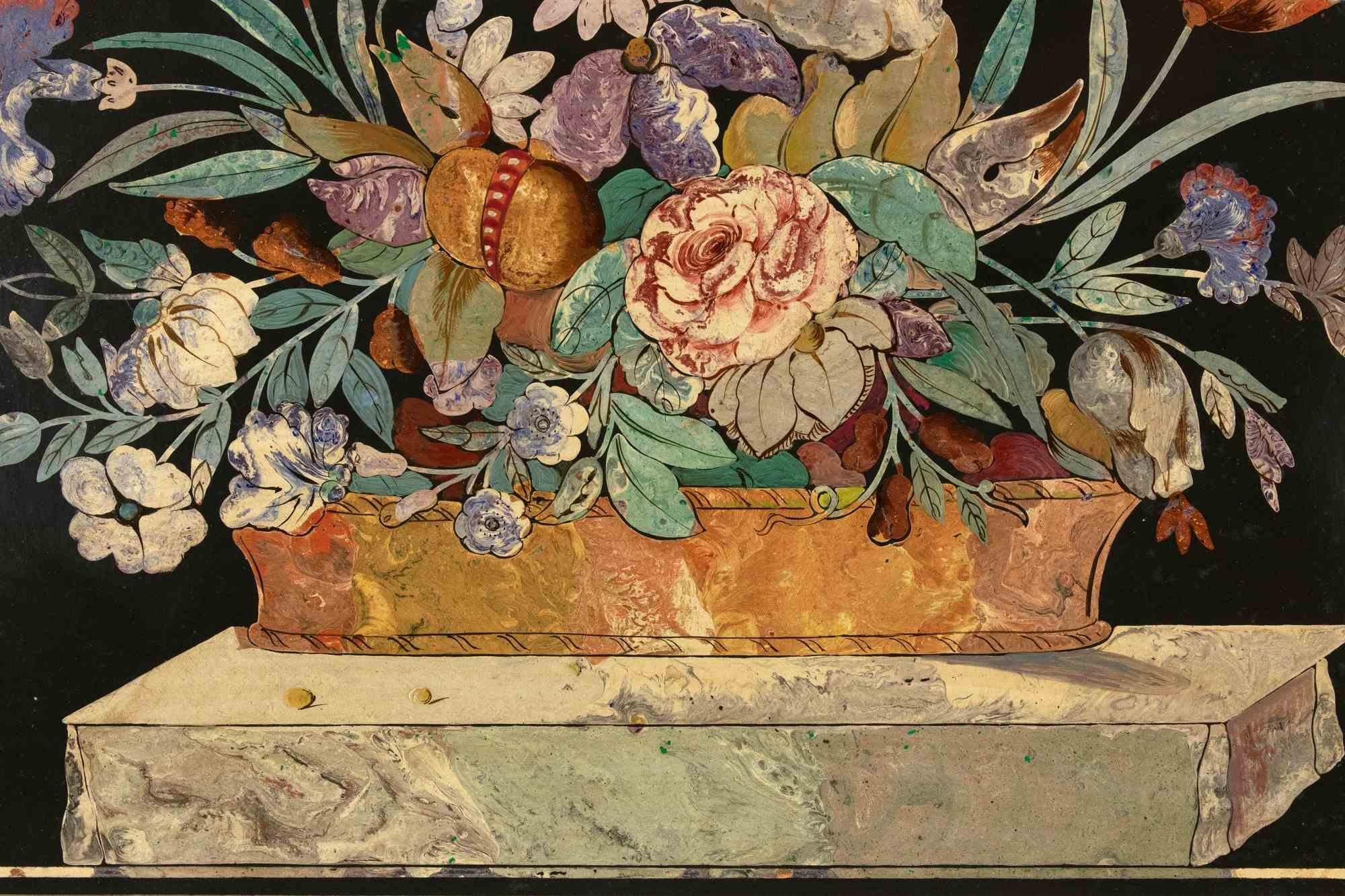Flower -  Painting in Scagliola - 19th Century - Modern Mixed Media Art by Unknown