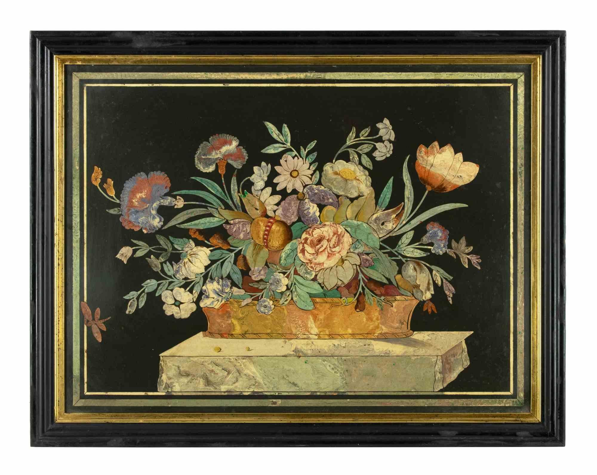 Blume -  Gemälde in Scagliola – 19. Jahrhundert – Mixed Media Art von Unknown