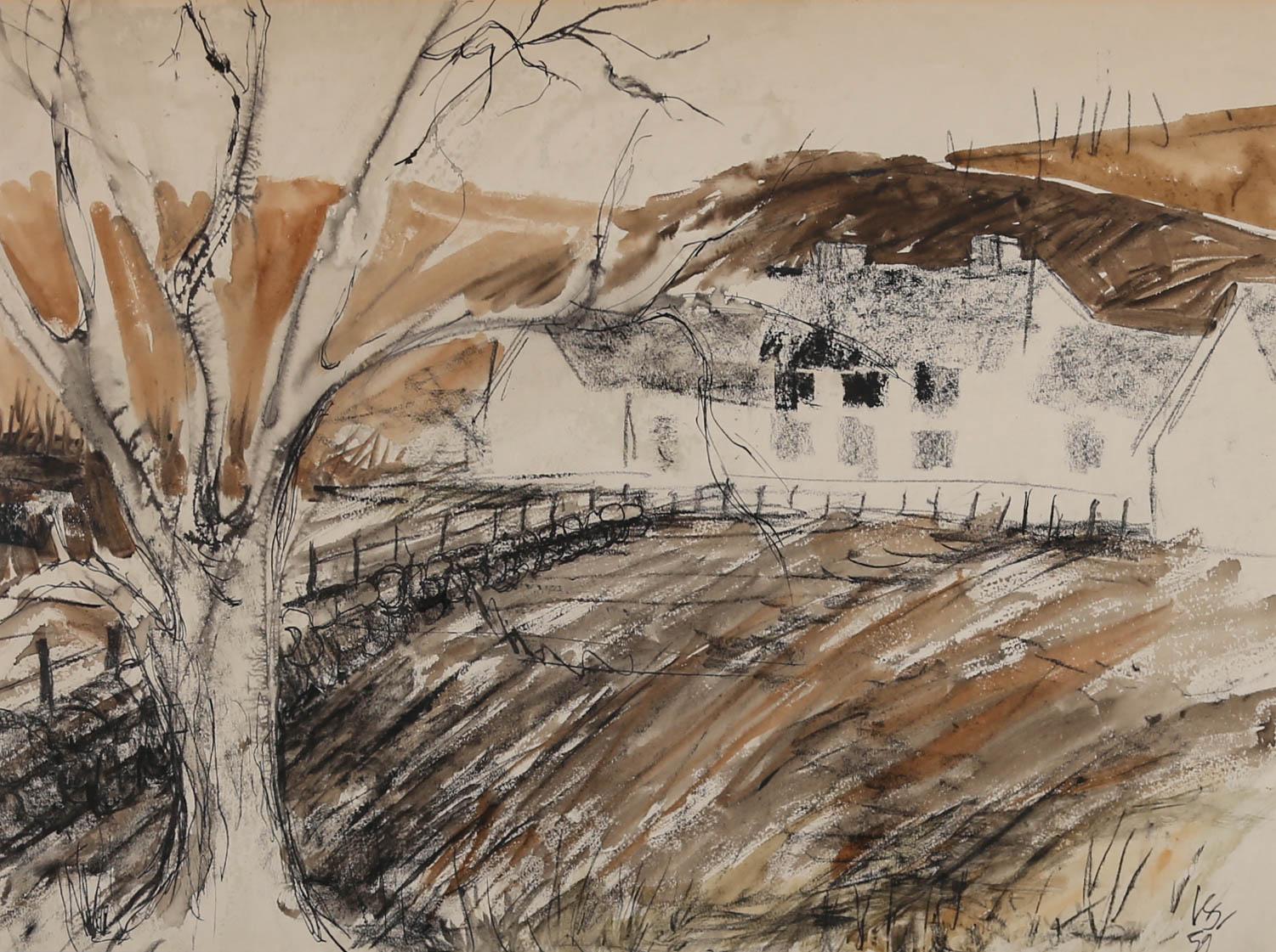 An expressive mid-century landscape showing a hamlet of cottage houses surrounded by ploughed fields. The artist has used a combination of muddy watercolours, black ink and soft charcoal to bring a sense of atmosphere to this weathered scene. Signed
