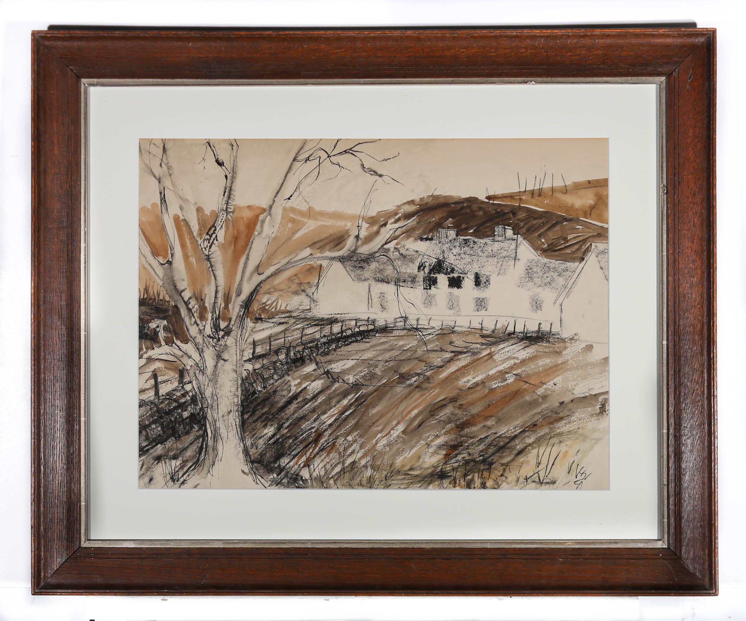 Framed 1959 Mixed Media - Autumn Cottage For Sale 1
