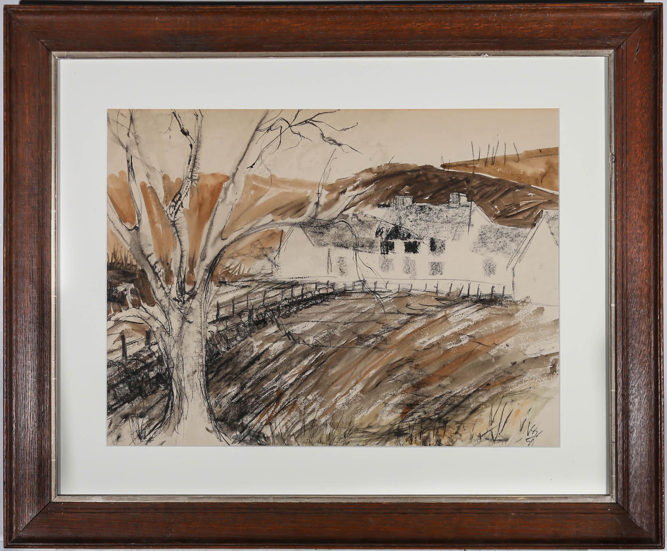 Framed 1959 Mixed Media - Autumn Cottage - Mixed Media Art by Unknown