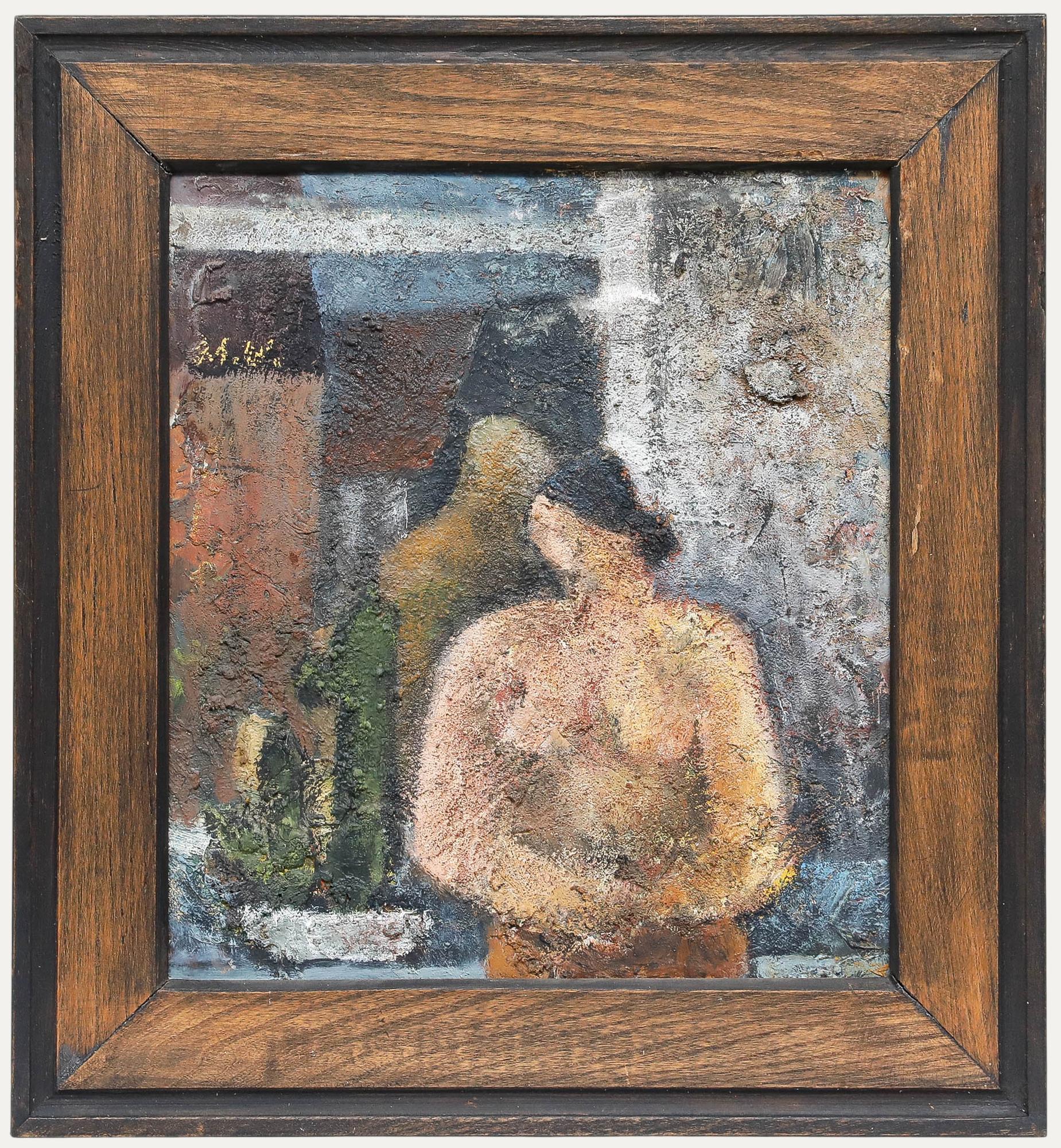 Gerahmte Mischtechnik des 20. Jahrhunderts - Akt am Küchenfenster – Mixed Media Art von Unknown