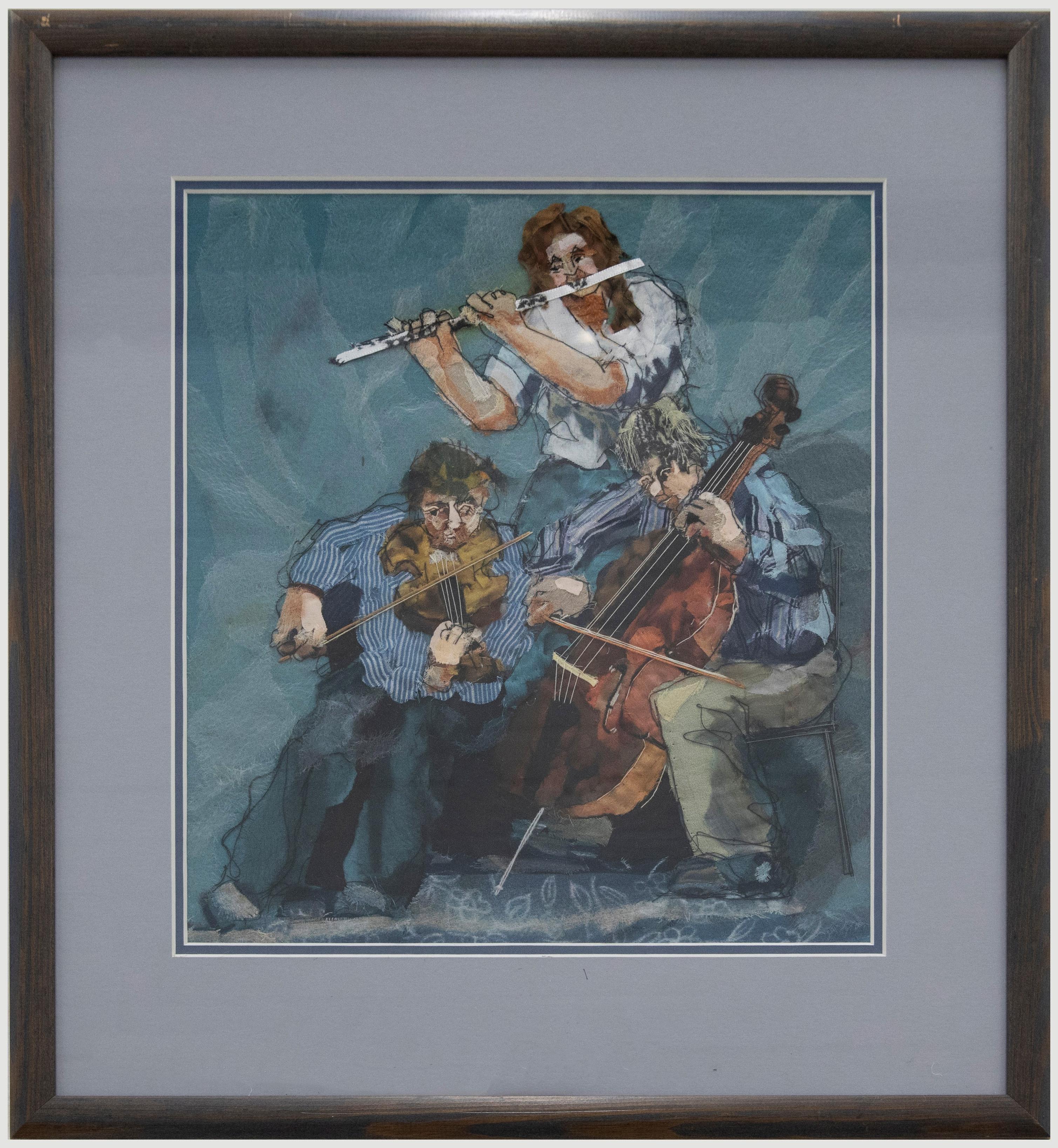 An expressive mix media collage of three musicians, composed from fragments of patterned fabrics and cotton thread. Unsigned. Well-presented in a complimenting blue card mount and stained wood frame. On linen. 