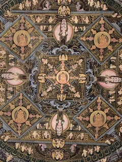 Enmarcado Cinco Mandala Thangka Original Pintado a Mano Con auténtico oro de 24 quilates