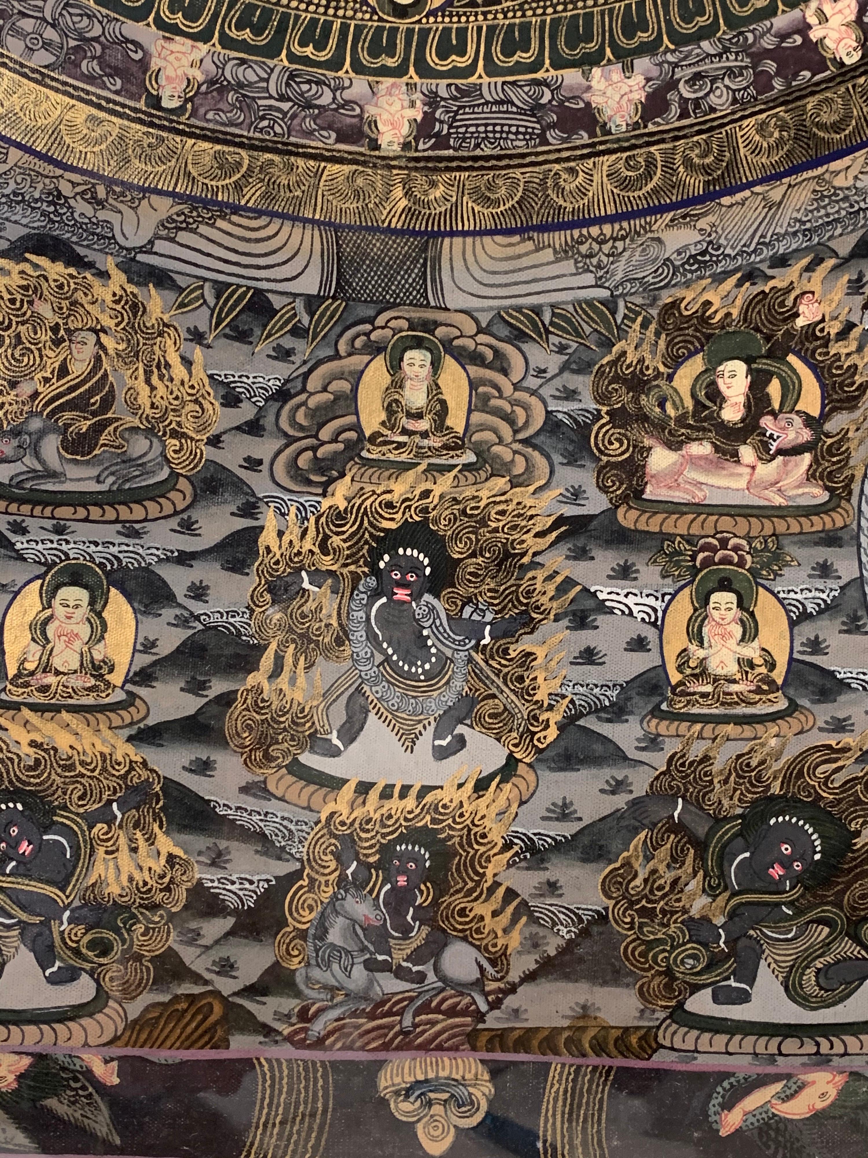 Thangka original peint à la main encadré cinq Mandala  Avec l'or 24 carats en vente 3