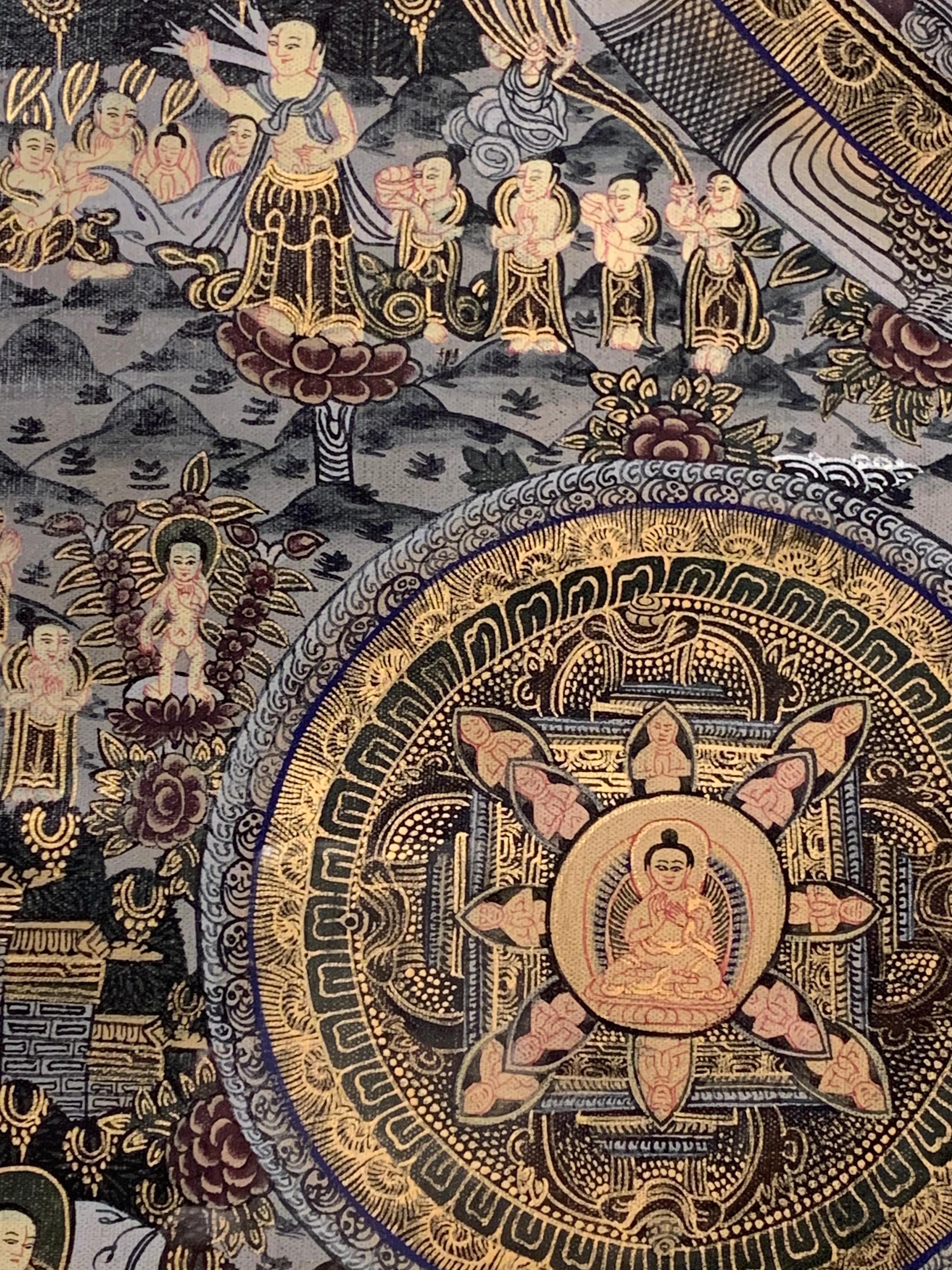 Thangka original peint à la main encadré cinq Mandala  Avec l'or 24 carats en vente 4