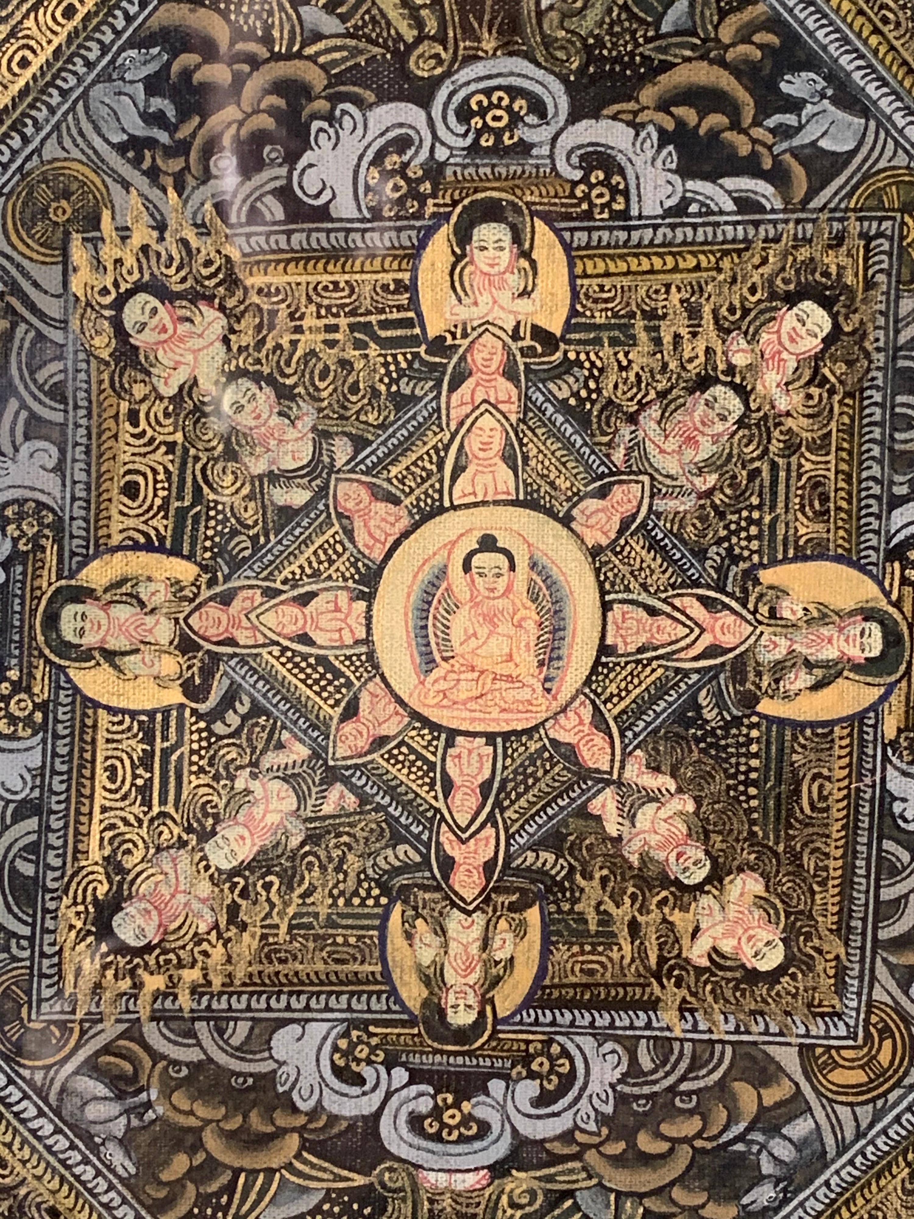 Thangka original peint à la main encadré cinq Mandala  Avec l'or 24 carats en vente 7