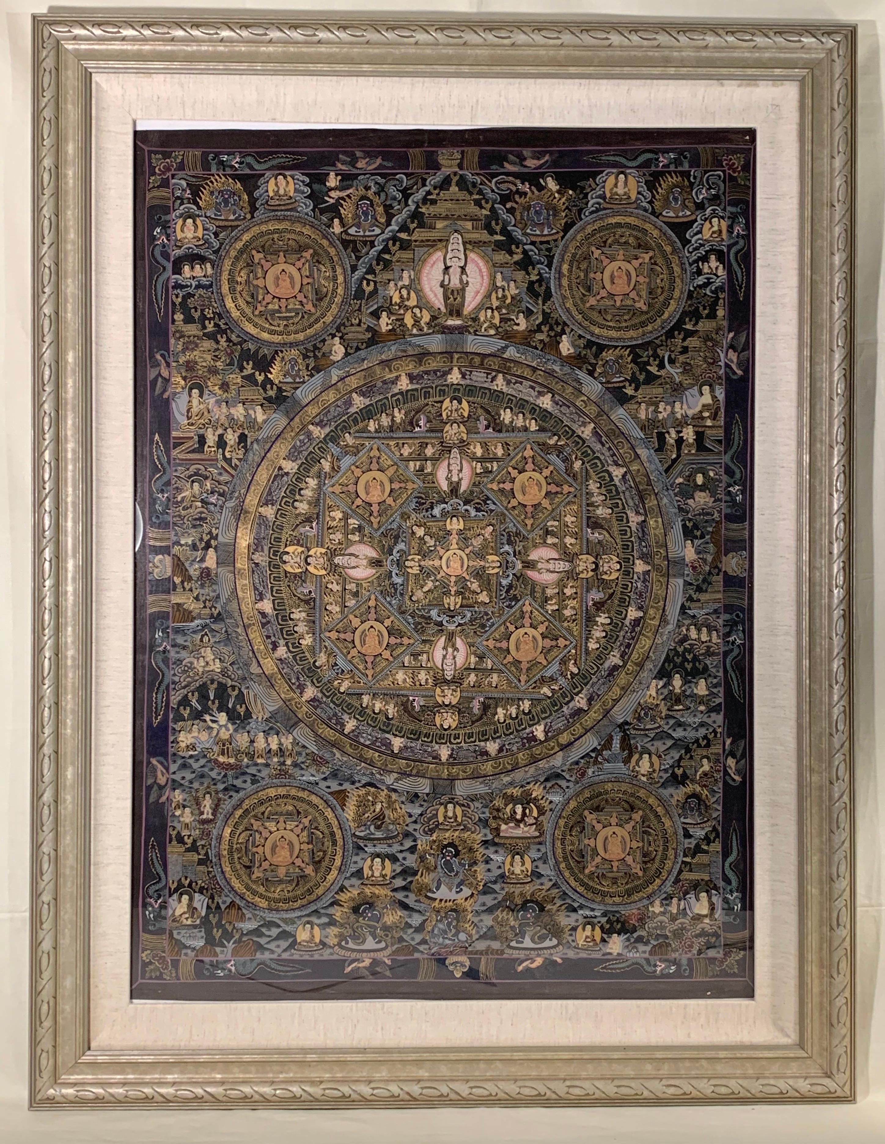 Thangka original peint à la main encadré cinq Mandala  Avec l'or 24 carats - Mixed Media Art de Unknown