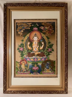 Framed Hand Painted Chenrezig Thangka on Canvas with 24K Gold