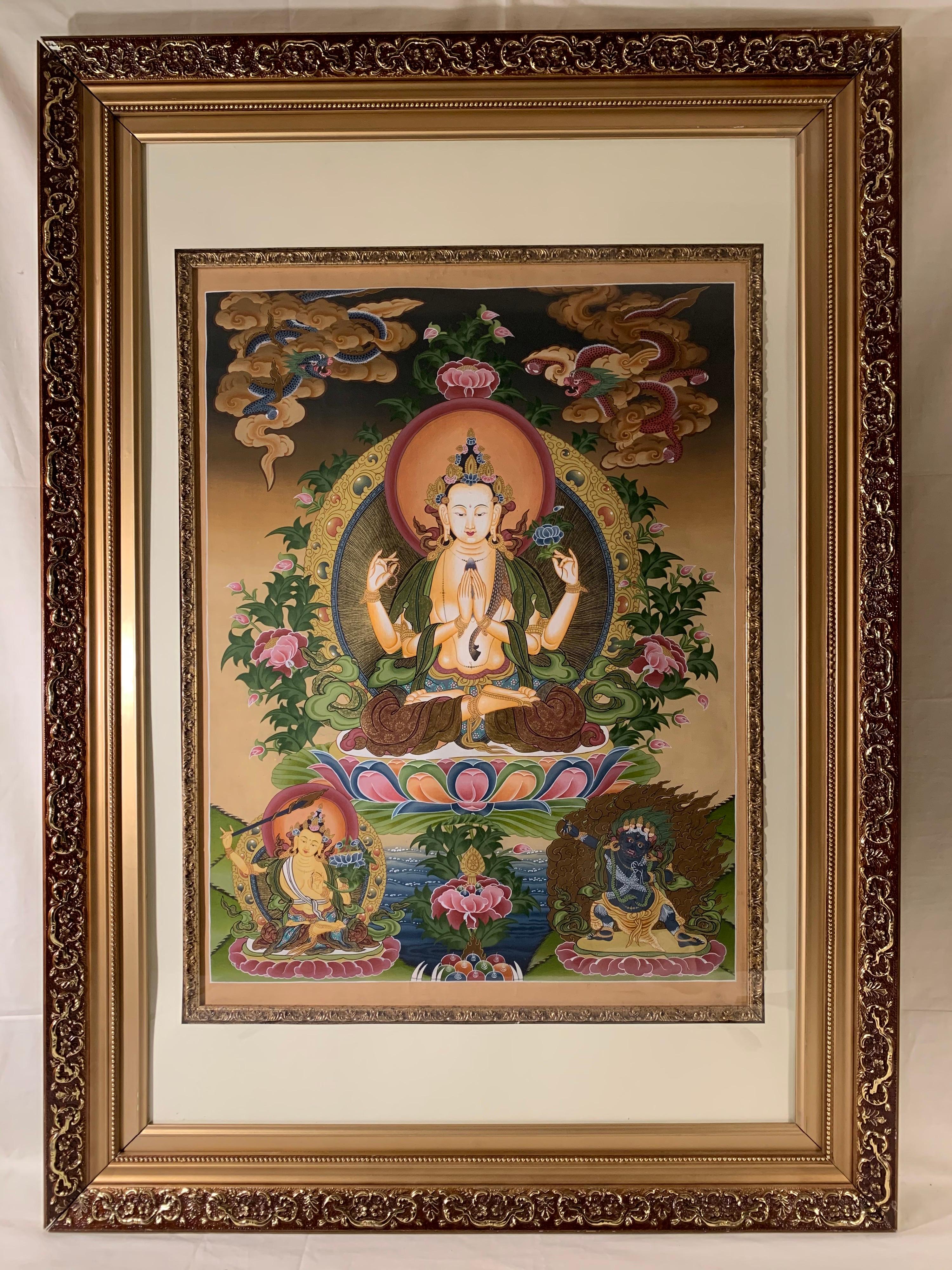 Framed Hand Painted Chenrezig Thangka on Canvas with 24K Gold - Mixed Media Art by Unknown