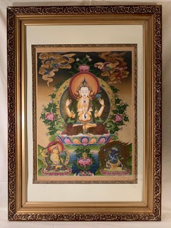 Framed Hand Painted Chenrezig Thangka on Canvas with 24K Gold