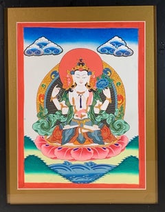 Framed Hand Painted Chenrezig Thangka on Canvas with 24K Real Gold