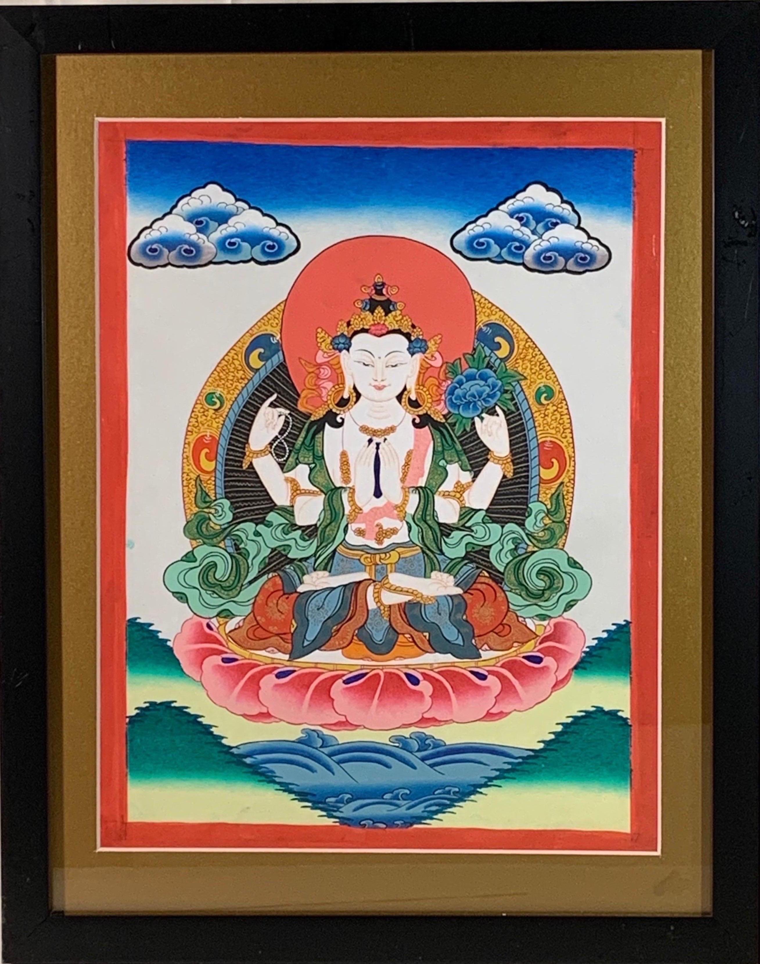 Framed Hand Painted Chenrezig Thangka on Canvas with 24K Real Gold - Mixed Media Art by Unknown
