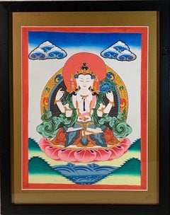 Framed Hand Painted Chenrezig Thangka on Canvas with 24K Real Gold