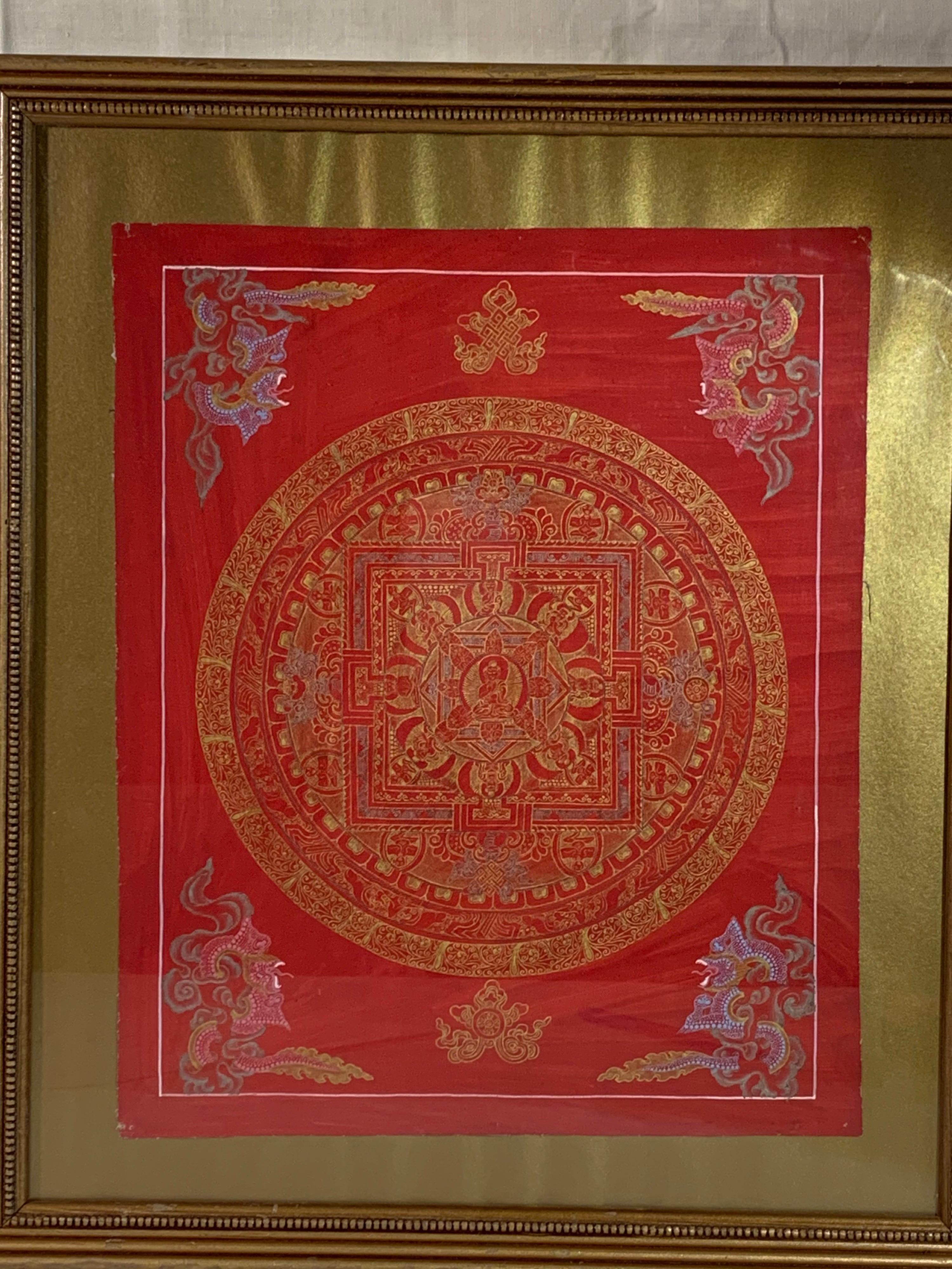 Framed Hand Painted Original Mandala Thangka with 24K Gold on Canvas - Other Art Style Mixed Media Art by Unknown