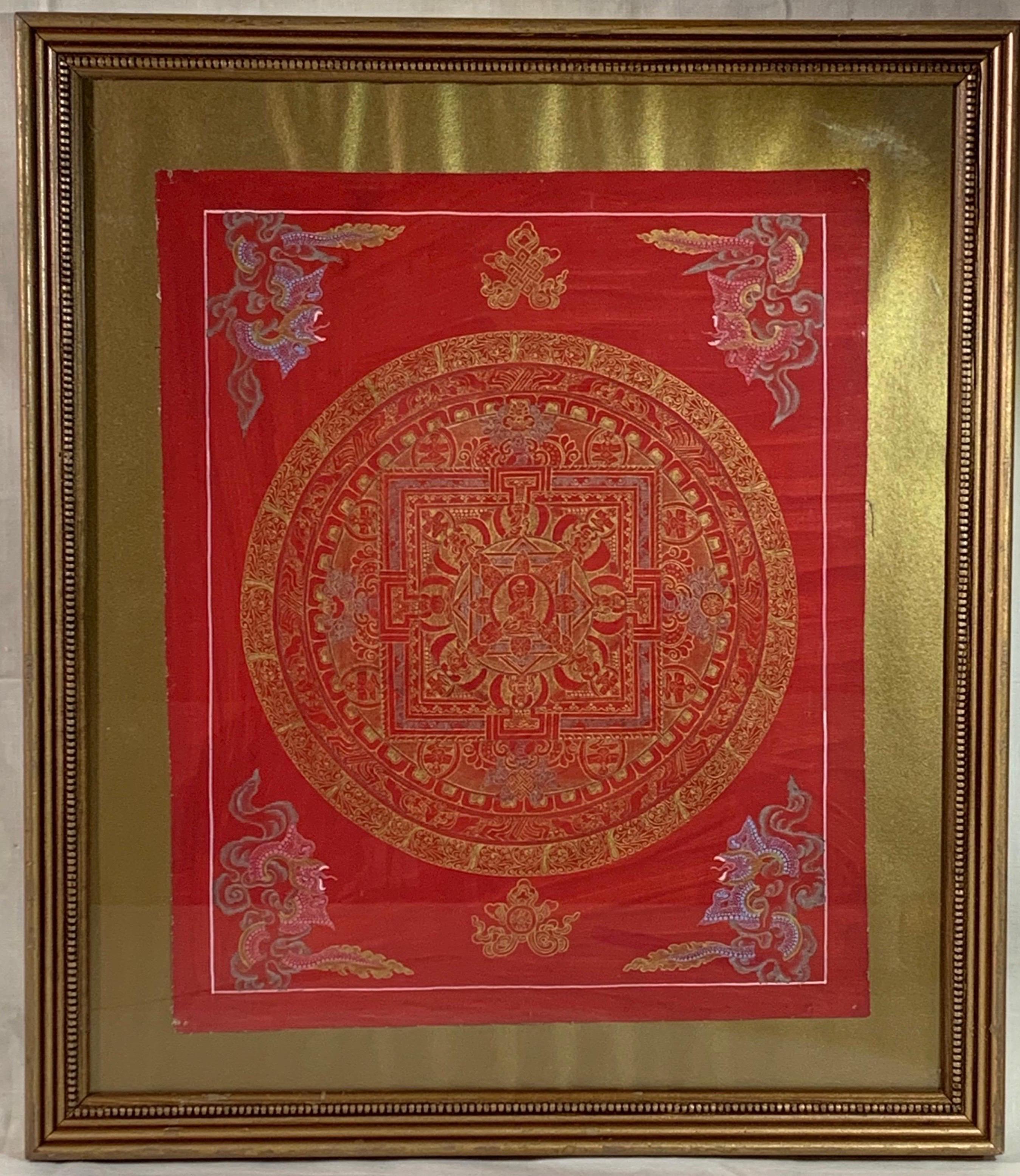 Framed Hand Painted Original Mandala Thangka with 24K Gold on Canvas - Mixed Media Art by Unknown