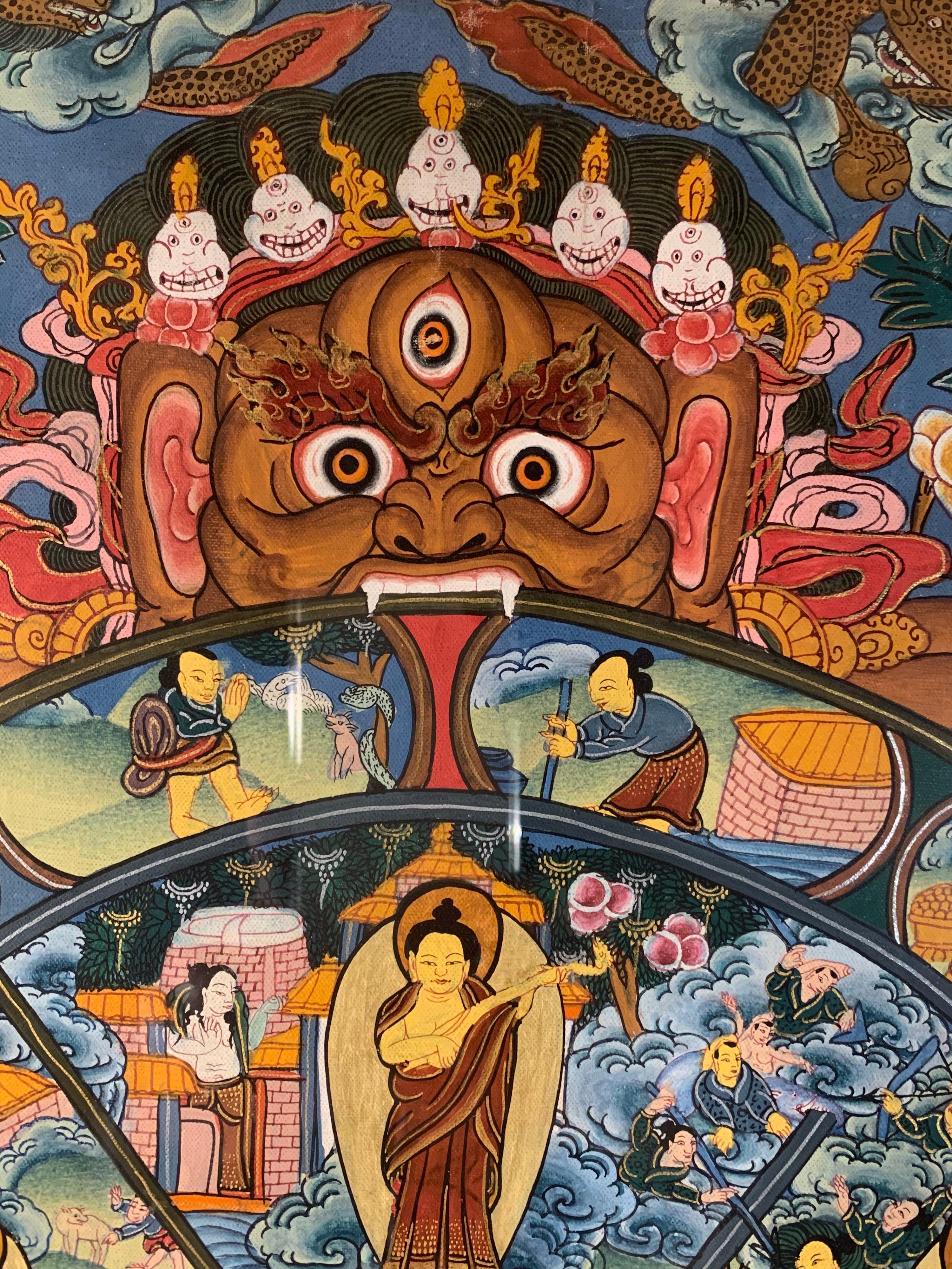 Framed Hand Painted Original Wheel of Life Thangka on Canvas with 24K Gold For Sale 4