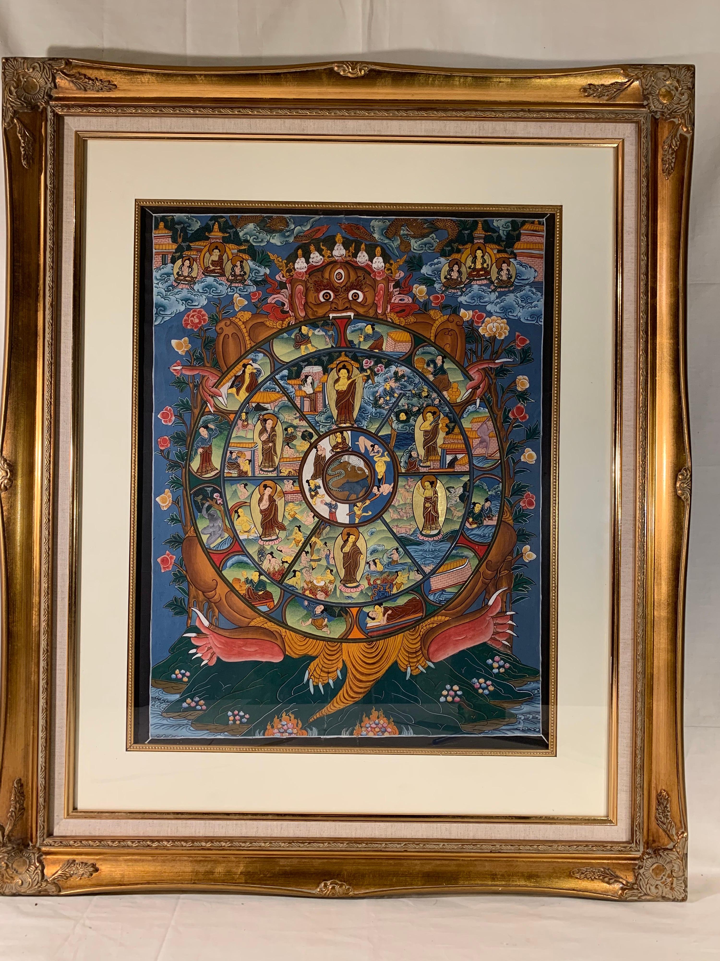 Thangka de vie originale peinte à la main sur toile avec cadre et or 24 carats - Autres styles artistiques Mixed Media Art par Unknown