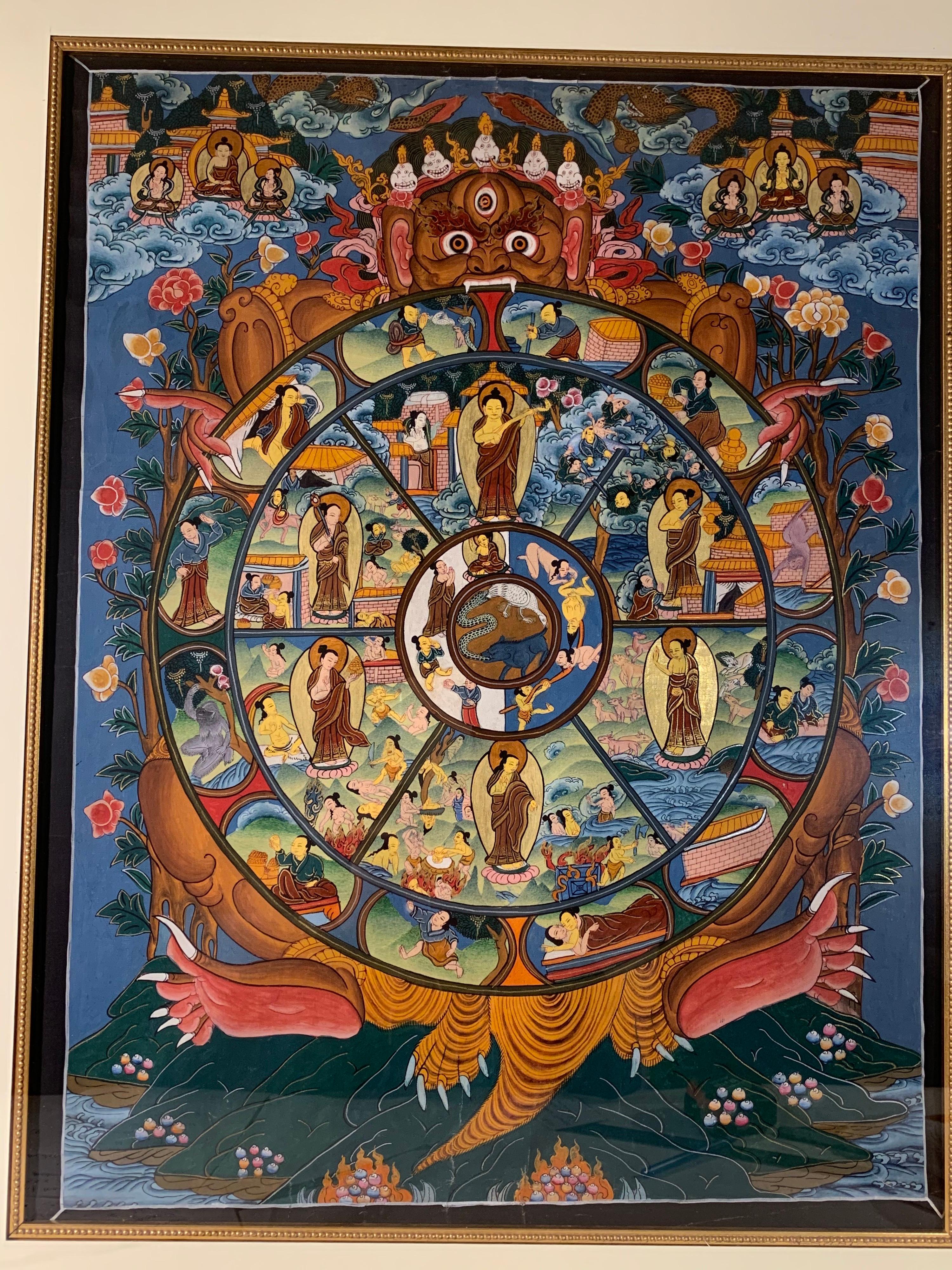 Framed Hand Painted Original Wheel of Life Thangka on Canvas with 24K Gold - Other Art Style Mixed Media Art by Unknown