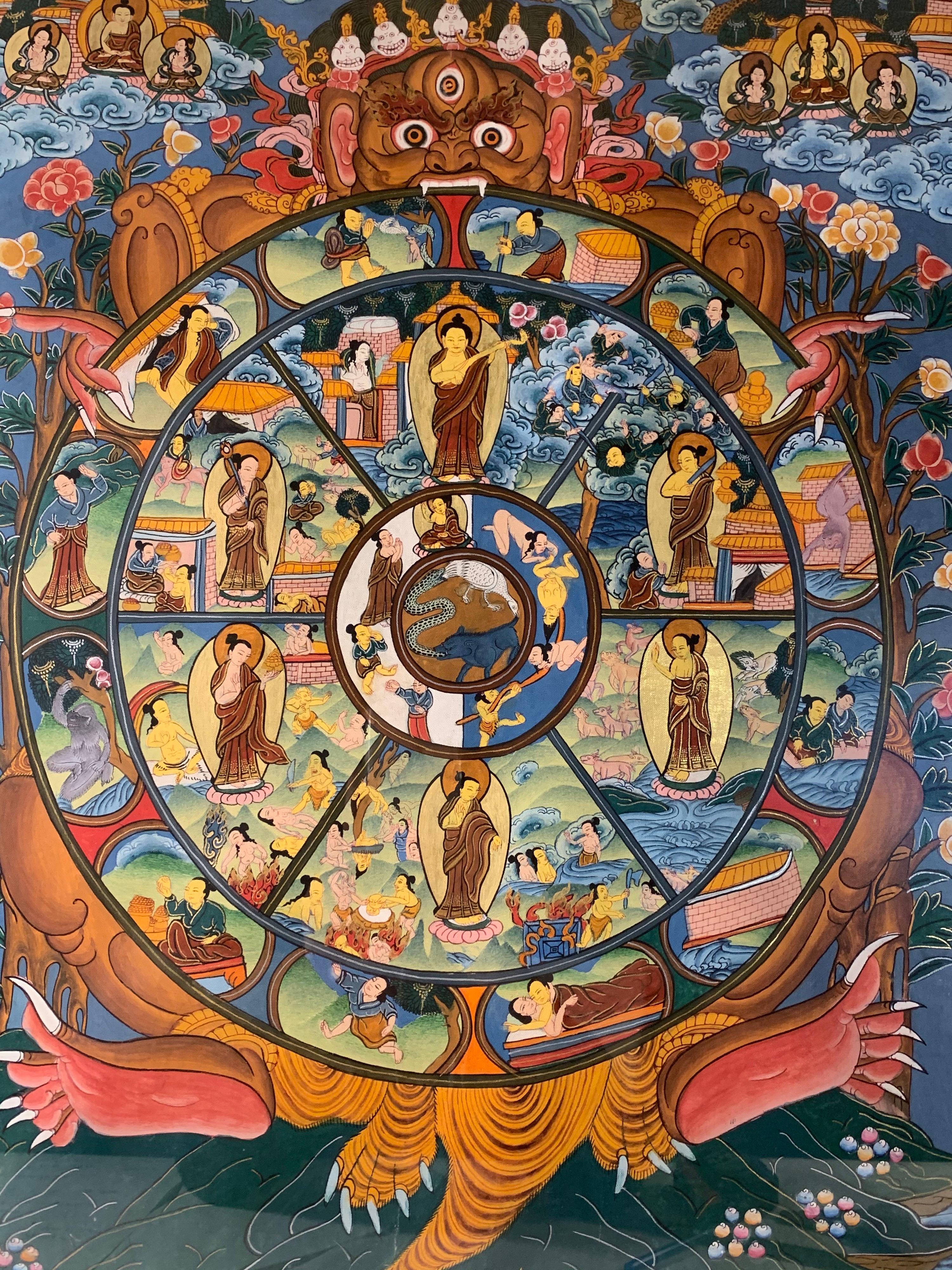 Framed Hand Painted Original Wheel of Life Thangka on Canvas with 24K Gold For Sale 1