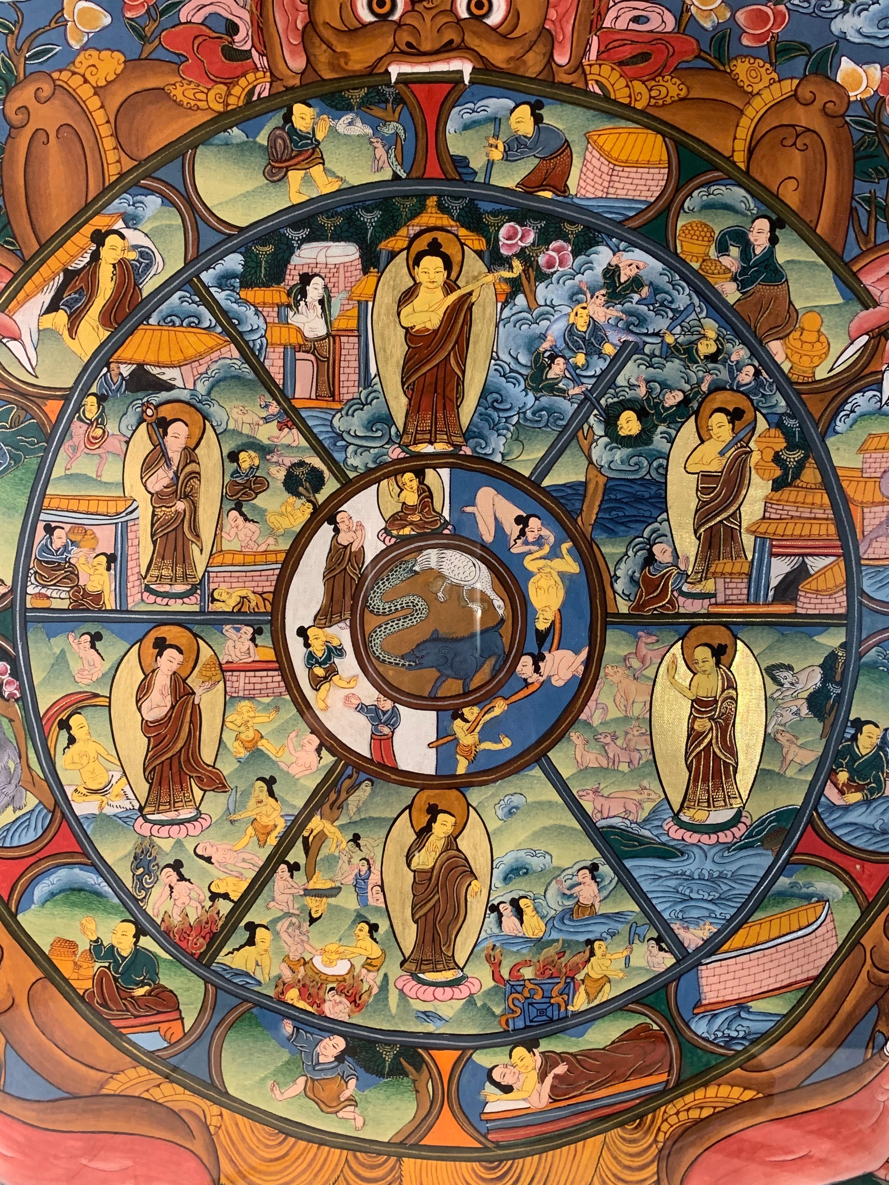 Framed Hand Painted Original Wheel of Life Thangka on Canvas with 24K Gold For Sale 2