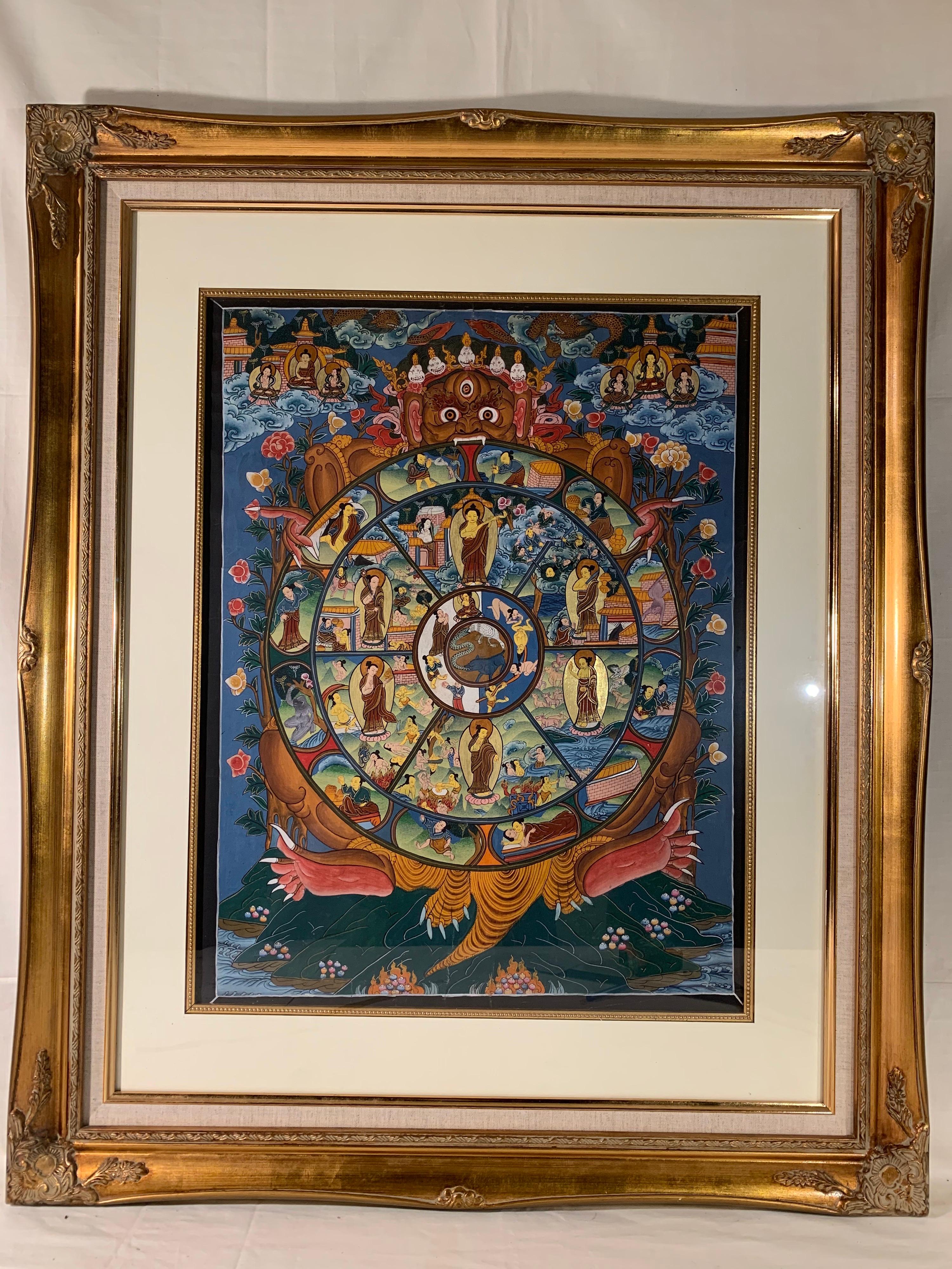 Framed Hand Painted Original Wheel of Life Thangka on Canvas with 24K Gold - Mixed Media Art by Unknown