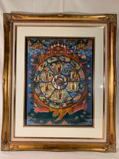 Framed Hand Painted Original Wheel of Life Thangka on Canvas with 24K Gold