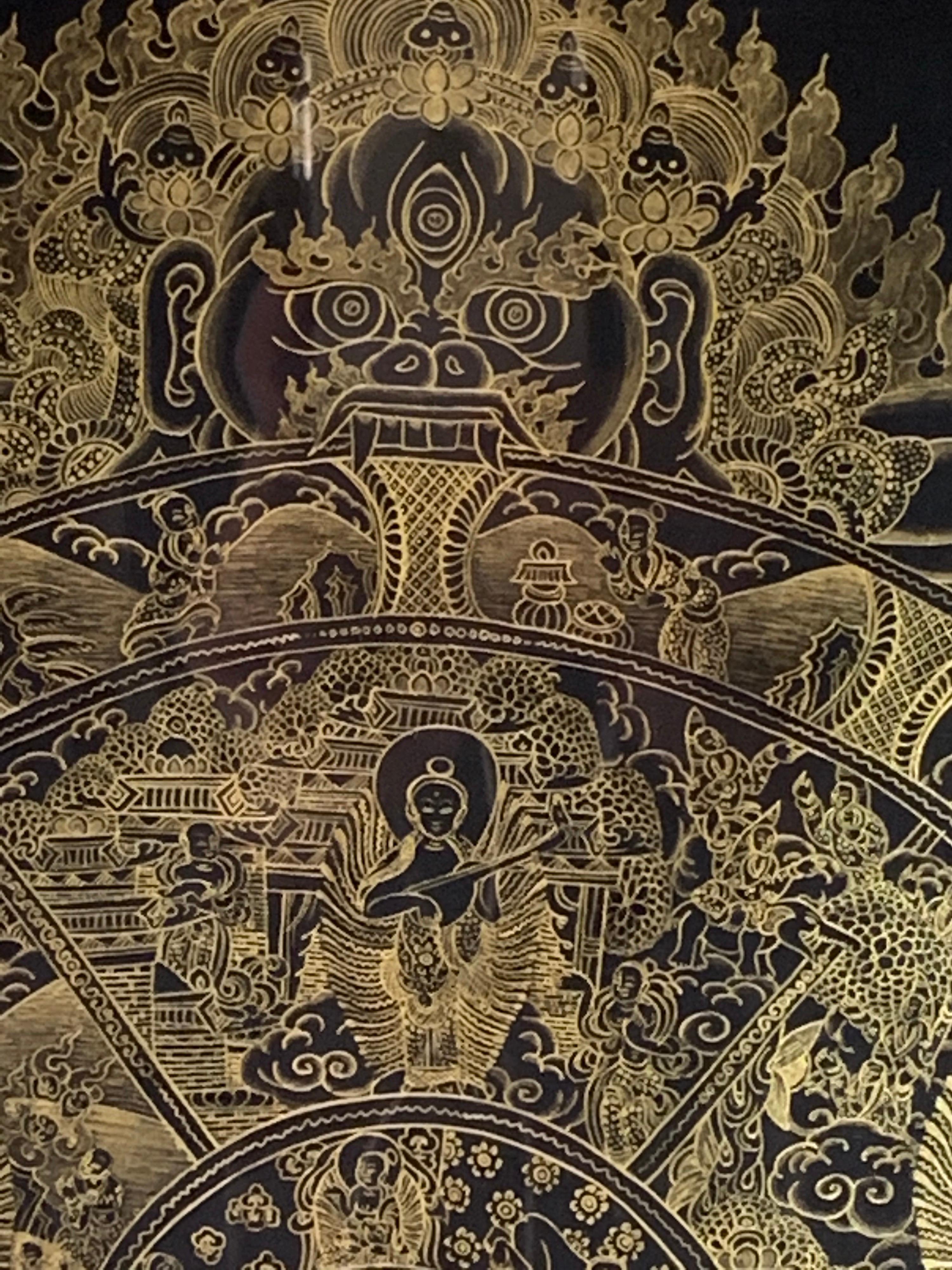 Thangka originale roue de vie encadré et peint à la main avec or 24 carats sur toile en vente 7