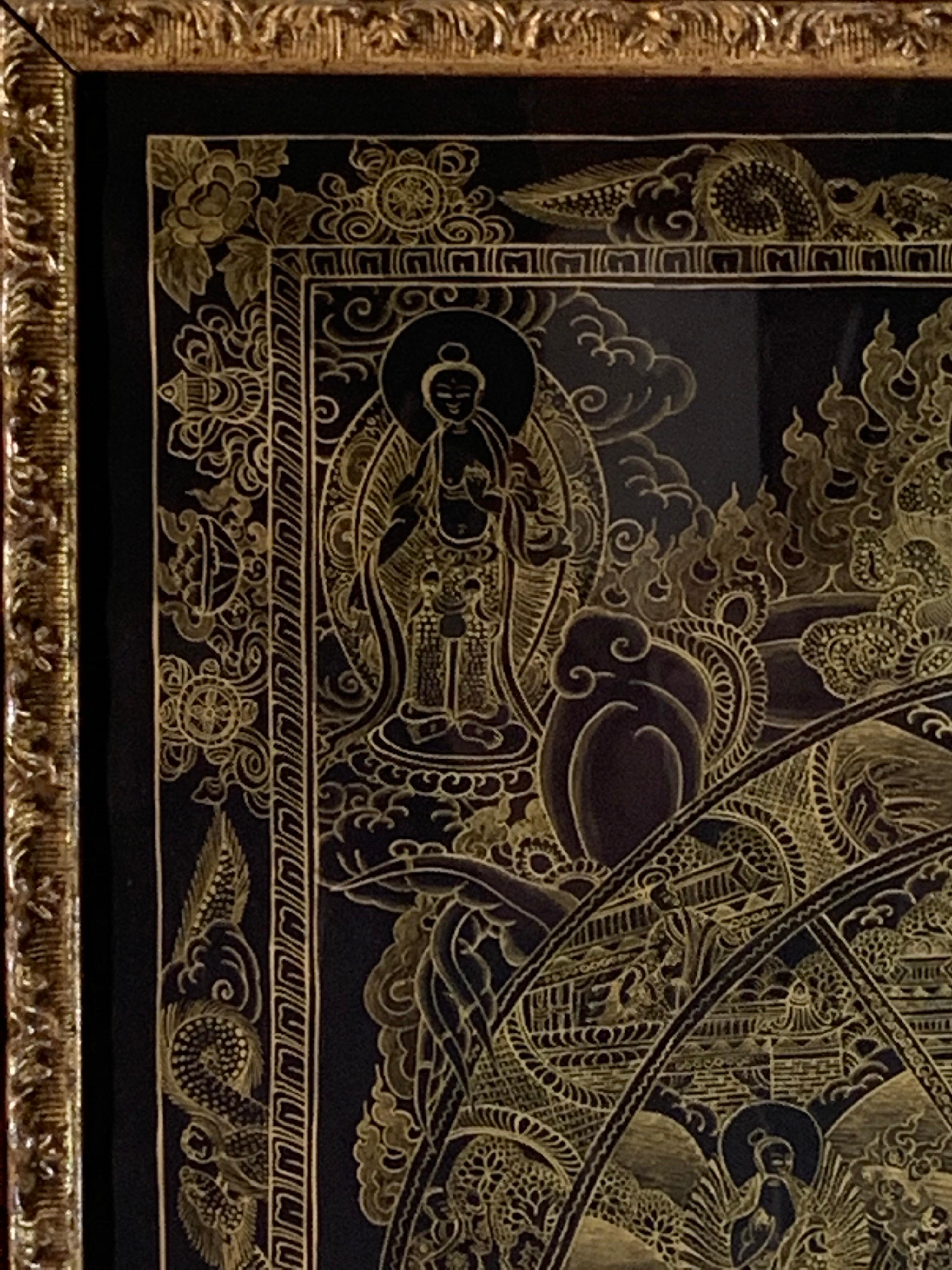Thangka originale roue de vie encadré et peint à la main avec or 24 carats sur toile en vente 8