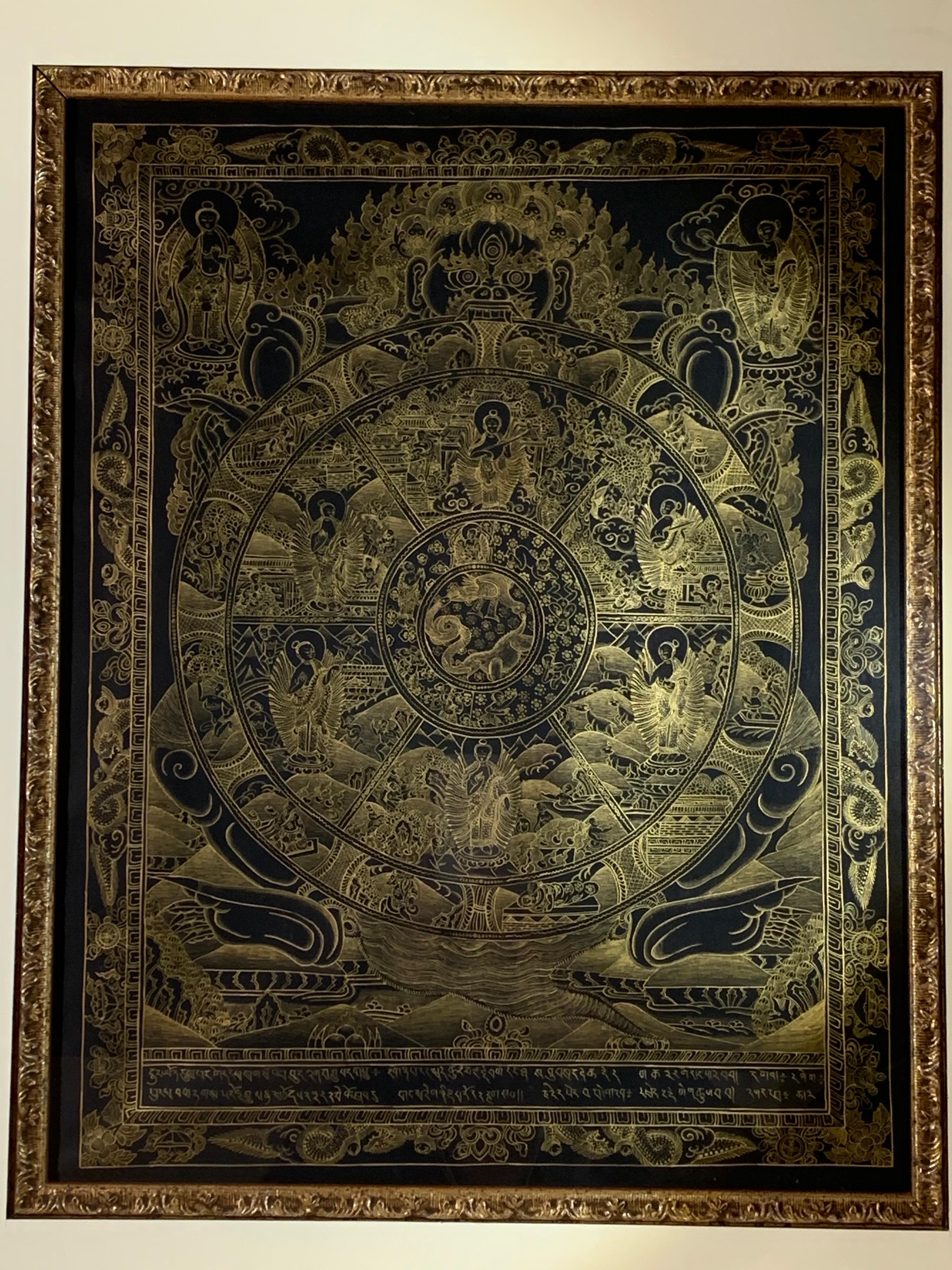 Framed Hand Painted Original Wheel of Life Thangka with 24K Gold On Canvas - Other Art Style Mixed Media Art by Unknown